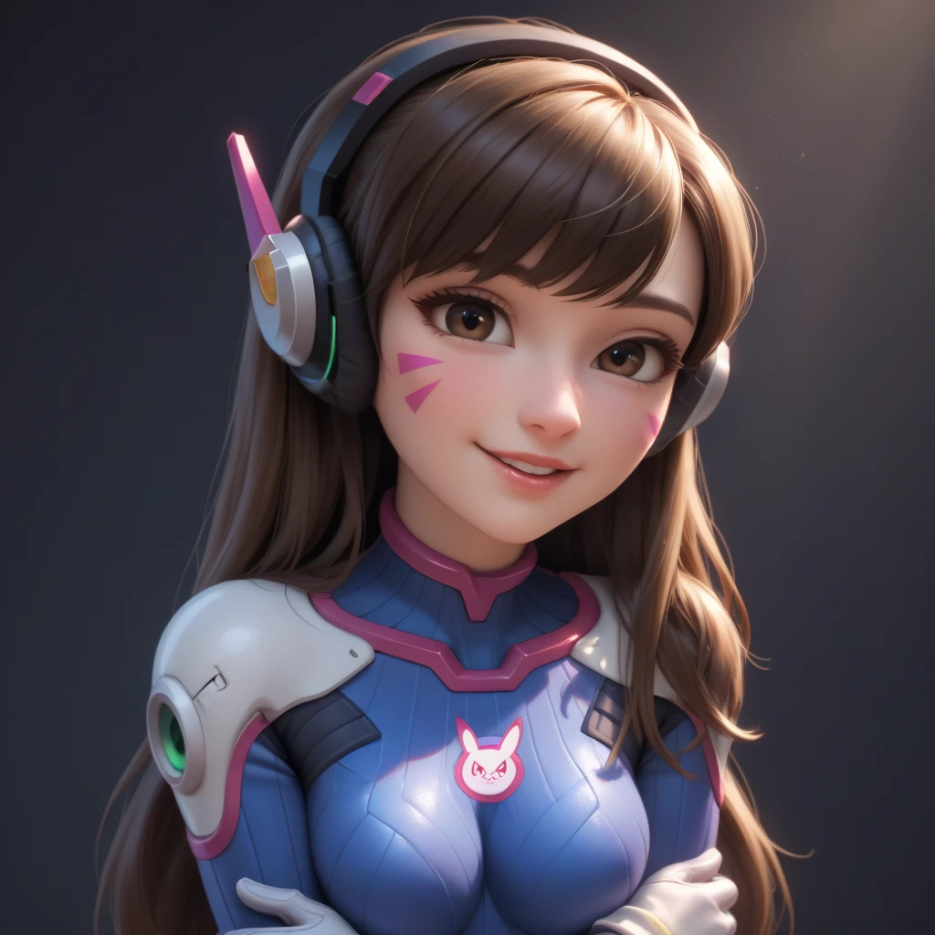 score_9, score_8_up, score_8, , (masterpiece, best quality, highres:1.2), (intricate and beautiful:1.2), (beautiful detailed eyes:1.2), detailed light, (soft lighting, side lighting, reflected light), (upper body portrait), (centered), (award winning composition), 1girl, 22 years old, d.va, looking at viewer, wide smile, parted lips, light freckles, long hair, brown hair, headphones, whisker markings, shoulder pads, blue bodysuit, ribbed bodysuit, animal print, clothes writing, long sleeves, white gloves, medium breasts, (skindentation), pale, (lustrous skin) head tilt, sitting, (v arms, hands between legs, breasts squeezed together), (simple dark background:1.2) ,disney pixar style