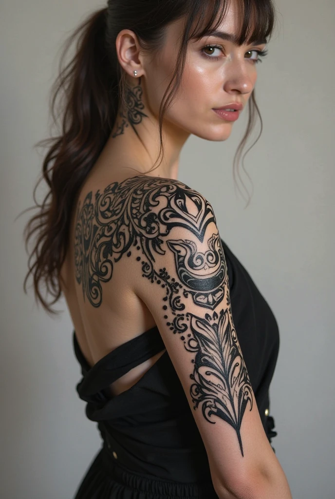 a detailed tattoo on the back of a woman, intricate floral design, photorealistic, cinematic lighting, warm tones, masterpiece, hyper detailed, (best quality,4k,8k,highres,masterpiece:1.2),ultra-detailed,(realistic,photorealistic,photo-realistic:1.37),beautiful detailed eyes,beautiful detailed lips,extremely detailed eyes and face,long eyelashes,high quality, intricate tattoo design, cinematic lighting, warm colors, stunning visual, exquisite details