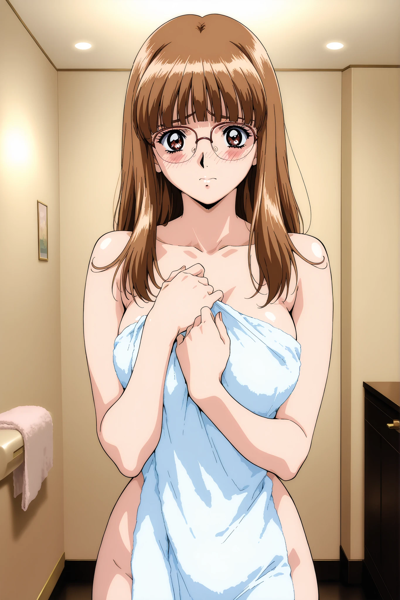(((solo))),general,highres, ultra-detailed,very aesthetic,best quality ,best hands,beautiful fingers,BREAK
Iijima_Sensei, 1girl,solo, brown hair, glasses, long hair, brown eyes,blunt bangs,breasts,hotel rooms,nude towel,embarrassed,(((solo))),