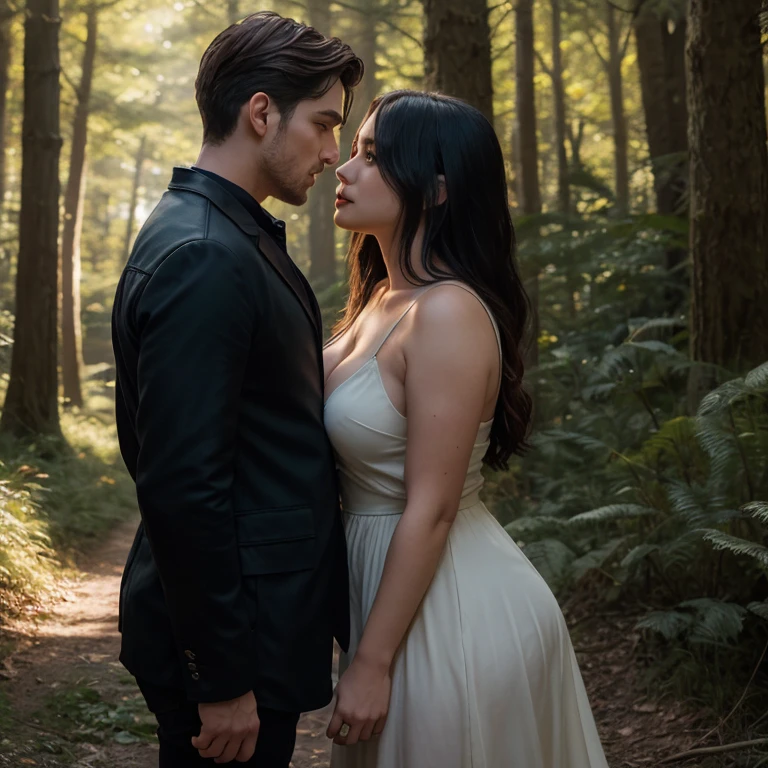 English woman 20 years old,skin fair,sparkling green eyes,dark purple hair,white gown,she is in pain, a blond haired man sticks a knife in his chest,ela esta cheia de sangue o white gown fica vermelho de sangue,forest of light scenario,scenarioposes,make-up,cinema image,品質,full body images,detailed,full body image,high resolution,((show the man sticking a knife in her chest,she is in his arms while he stabs her to death))