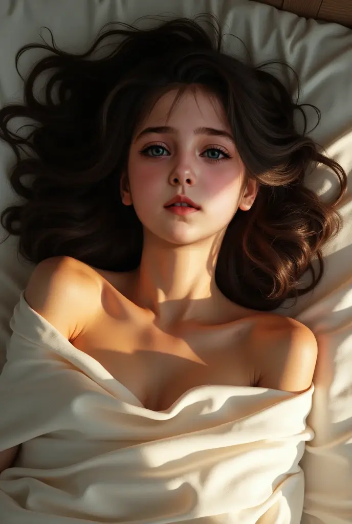 realistic drawing of cute (girl), (full body portrait), detailed face+eyes, (solo focus:1.2), partial nudity, nude belly, laying in bed, (wrapped in white bed blanket:1.3), blush, brown hair, brown eyes, masterpiece, highres, by Jeremy Lipking, by Antonio J Manzanedo, (by Alphonse Mucha:0.5)