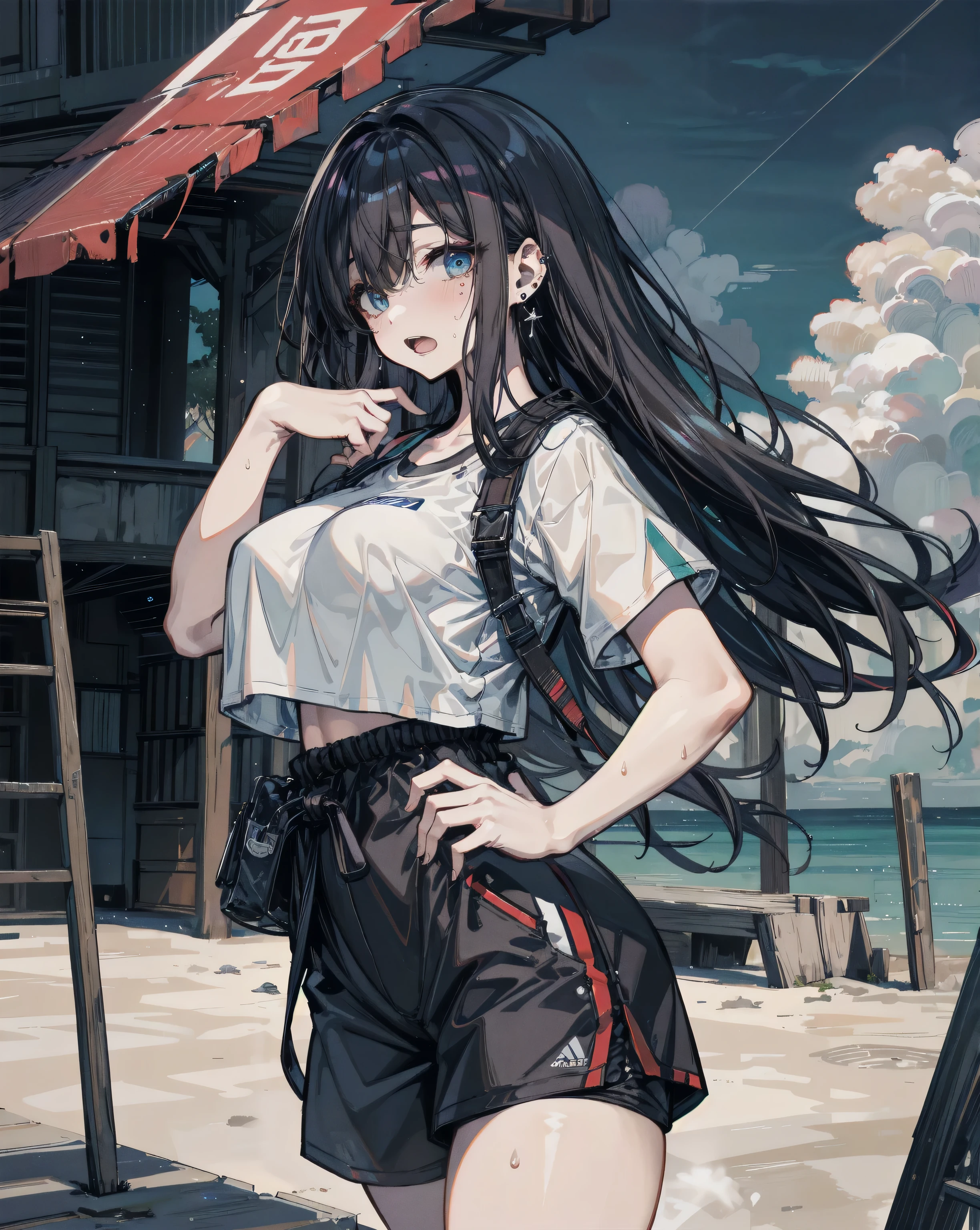 whole body, absurdres, RAW photo, extremely delicate and beautiful, masterpiece, Best Quality, ultra high resolution, 32k, hyperrealistic, ultra-detailed, detailed description, pale skin, 20 years old, detailed beautiful face and eyes, big tits, medium hair, black hair, tearful mole, earring, baseball cap, tank top, cargo shorts,