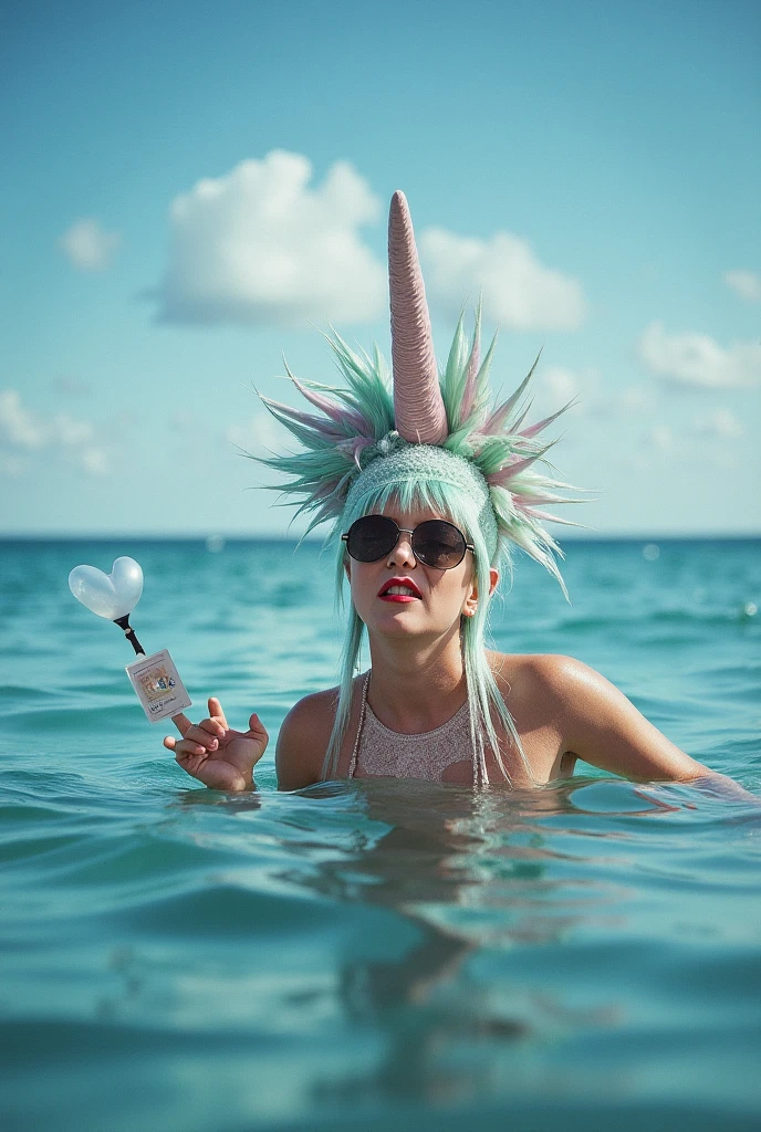 girl with curly pink hair and big breasts sits, swim with orca , taking a realistic photo