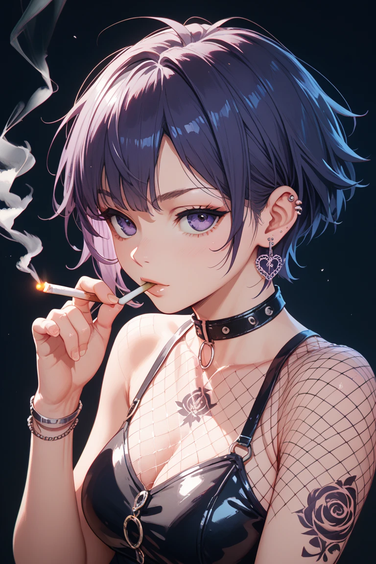 (masterpiece), 1girl, solo focused, very detail, UHD, very professional, black pantyhose, apartment front door dynamic lighting, at the front door, facing side, side view, looking at viewer, mouth half open, eyes half open, looking down at {{user}}, impatient,  short spikey purple hair, red highlight, pink style, leather straps, choker, cigarette, tattoo, thick eyebrows, blue eyes, antenna hair, bangs, bang between eyes, sharp eyes, black lipstick, punk shirt, bare shoulders, collarbone, large breasts, under Boob, torn stocking, thick thighs, huge ass, tight small shorts, black denim shorts, leather boots, spikes, ear ring, smoke, leather thigh strap, 