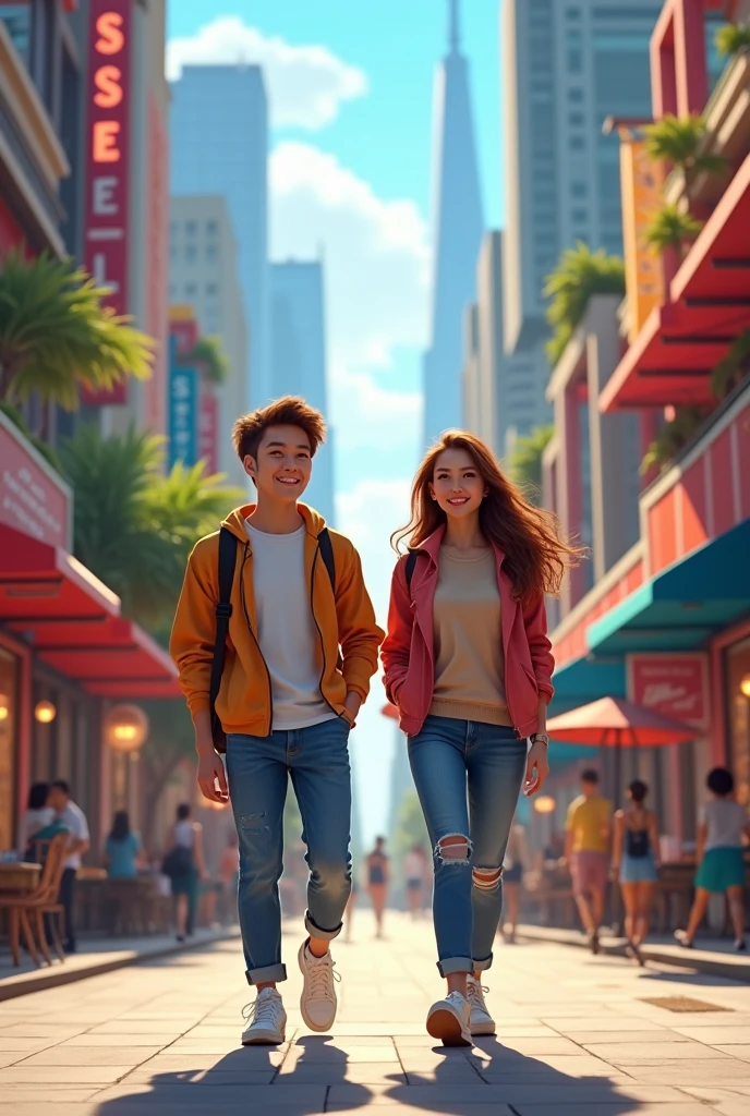 a trendy young couple on street, in autumn <lora:CC_v2.0:0.8>, (high detailed skin:1.2), 8k uhd, dslr, soft lighting, high quality
