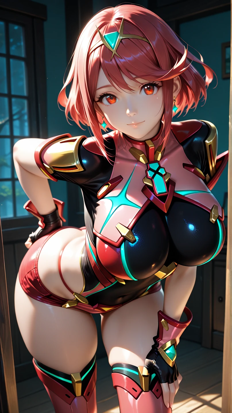 (masterpiece:1.2), best quality, high resolution, unity 8k wallpaper, (illustration:0.8), (beautiful detailed face:1.2, beautiful detailed red eyes:1.2), perfect lighting, extremely detailed CG, (perfect hands, perfect anatomy),
Cute, beautiful, charming lady, shiny hair, lustrous skin, beautiful light big eyes,
milf, married woman, soft With a gentle appearance and a gentle mother-like atmosphere,
Feminine style, beautiful kubire, beautiful, naughty face,
pyra_a, red hair, short hair, bangs, red eyes, large breasts, tiara, earrings, chest jewel, impossible clothes, covered navel, fingerless gloves, red shorts, thighhighs, red thighhighs, (((breasts Focus)))