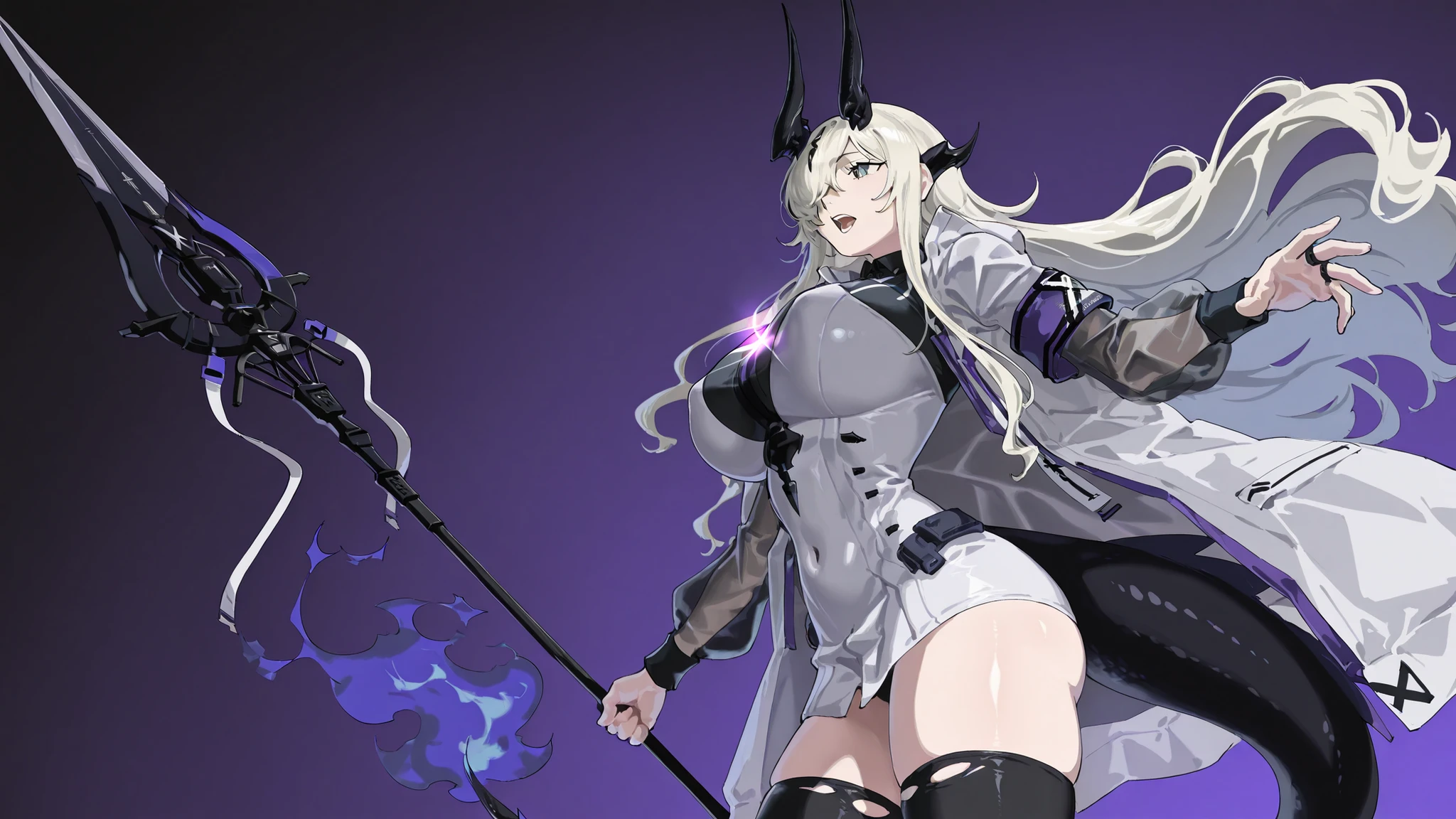 High quality, yellow eyes, long purple hair, gigantic breasts (F size), knight woman, black bikini armor, metal boots, metal gloves, alone woman, full body. cape. Red spear.
