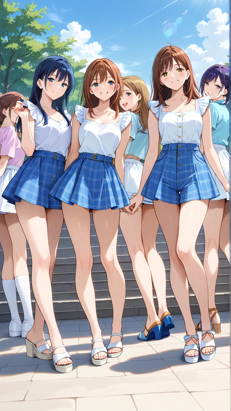 It shows 2 girls in one picture, one who is Mami Nanami wearing a white shorts and blue blouse, the other girl who is Chizuru mizuhara wearing white skirt and pink blouse, in the city, smiling both