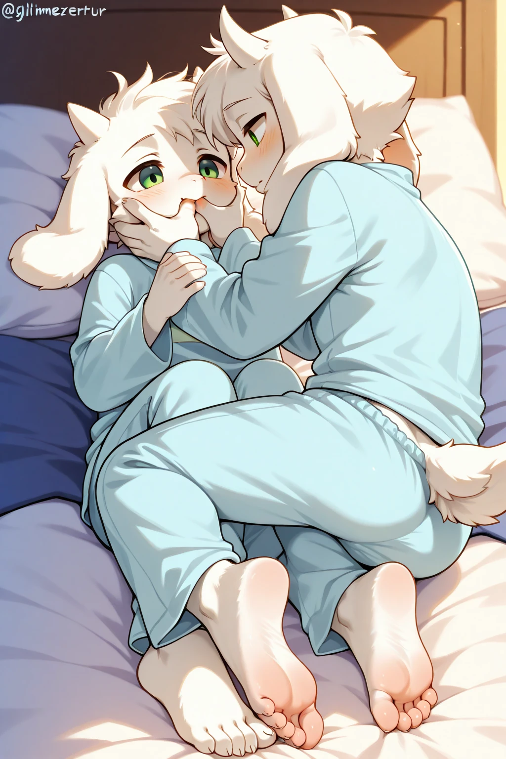 heart shaped censore, kemoshota boys kissing deeply, twins, dynamic angle, holding hands, kiss tongue to tongue, raabbit boys, closed eyes, naked, rabbit body features, plenty drool, ????? kissing