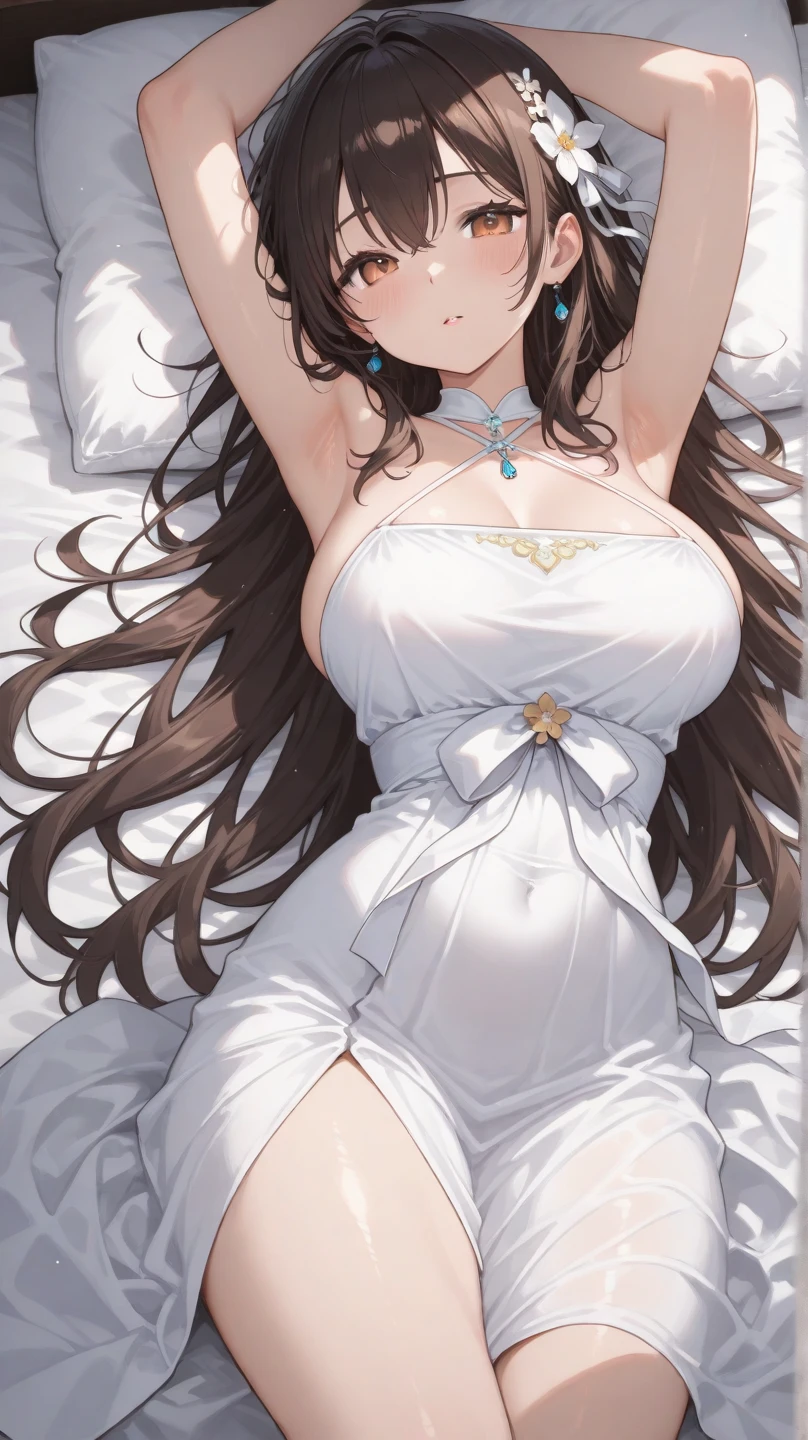(SFW:1.5), Lying, bed, Open crotch, Dettol, Spread legs, show armpit, Downge-out, large breasts, (masterpiece)