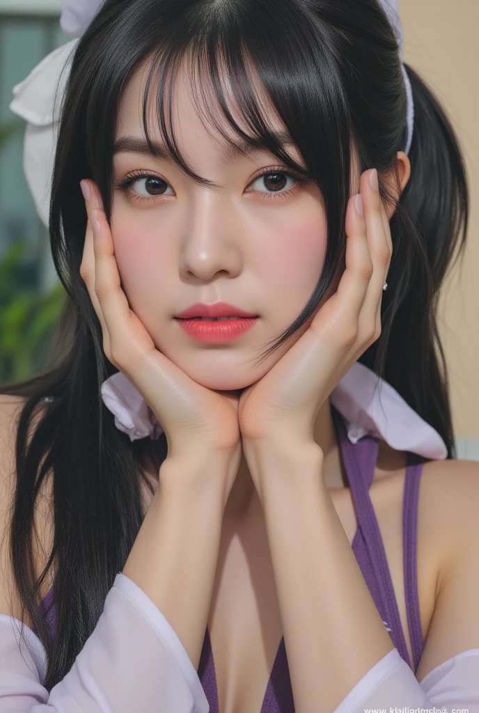 masterpiece, highest quality, Accurate, UHD, retina, Super detailed, Award history, High resolution, anatomically correct, (realistic:1.4),Raw photo,(Soft saturation:1.3),(Fair skin:1.2),rough skin, 8K,1 girl, alone, mature adult woman, Beautiful Evil, evil and sneaky sexy woman, (perfectly beautiful woman, perfectly beautiful face, Perfectly beautiful eyes, perfectly beautiful nose, perfectly beautiful nose孔, perfectly beautiful lips),(compensate:1.3),(eye reflection:1.3, solid circle eye, ring-shaped eyes, Sparkling pupils:1.2, long eyelashes:0.7, amber eyes), sleepy, parted lips, boredom, (dark red lips:1.3,glossy lips:1.5,lip reflection:1.5), break, (clavicle, cleavage, huge saggy breasts, purple bikini:1.5),(solid white background:1.5),(Detailed texture of wrinkles in clothing:1.3), looking at the viewer