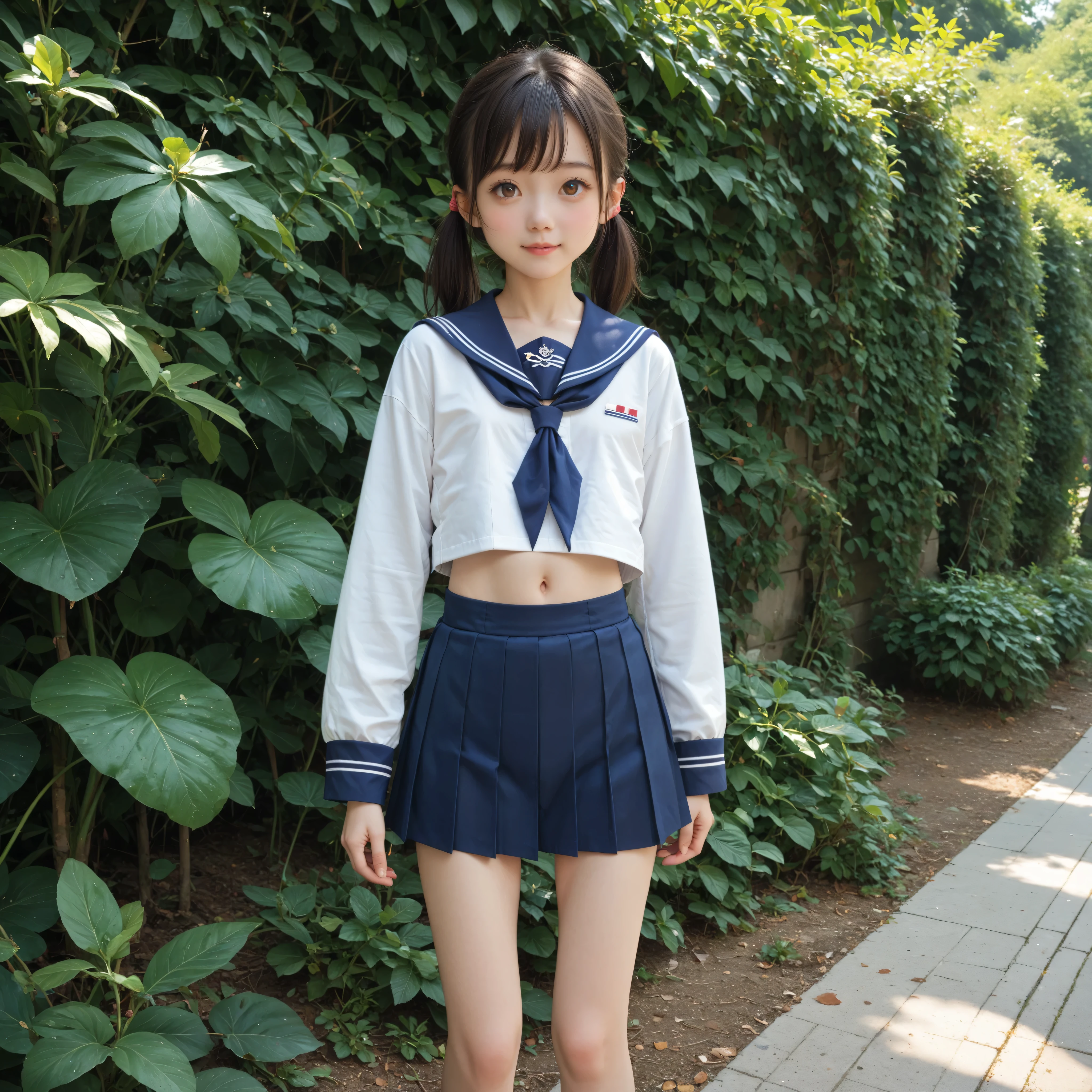 junior high school student、japanese young girl、uniform、the wind is blowing、flaps skirt、small and flat chest、short hair、high detail face、high detail skin、High level image quality、look at viewer、Crouching and show off panties、sit on the beach、open legs