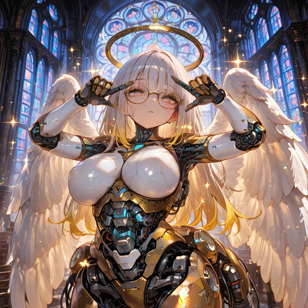 (masterpiece), (top-quality), (top-quality), masterpiece, (High Definition CG Illustration), ((extremely delicate and beautiful)), (Since a while ago), Cinematic Light, Grotesque Machine Girl, super realistic details, portlate, globalillumination, ultra-sharp, Convoluted, ornaments detailed, cold color, metals, highly intricate detail, Realistic light, radiant eyes, neon details, Mechanical limbs, blood vessels connected to tubes, Pipe connected to the crotch, Mechanical vertebrae attached to the back, mechanical cervial attaching to the neck, sitting on, Wires and cables connecting to the head, Smaller breasts, Small-eyed buttocks, ((lamentation)), ((Angel wings)), Emphasis on mechanical skeleton, (((Emphasis on mechanical interiors))), (Put a little emphasis on mechanical bones) ,teats, No pubic hair, (((realisitic))). Interior of the Church Cathedral at night lit by candles, Tears of blood, Soft breasts and buttocks and face, Limbs are restrained on the cross
