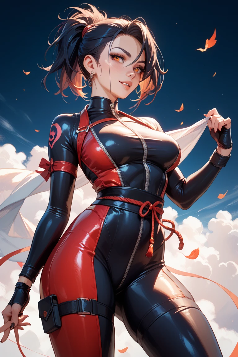 13-year-old girl, 独奏, Wearing transparent tights that fit snugly in a red bodysuit、With a thin fabric that emphasizes smiling buttocks、Super close-up looking up from below、gymnast、masterpiece, top-quality, realisitic, ultra-detailliert, (shinny skin, Sweating: 1.4), Versatile sexy poses、long braided black hair, Brown-eyed, slender, dynamic light and shadow, hight resolution, foco nítido, depth of fields, Narrow-eyed, Sharp pupils, Realistic pupils, (breasts are small: 1.6), (Thigh thickness: 1.0),Gymnastics Stadium