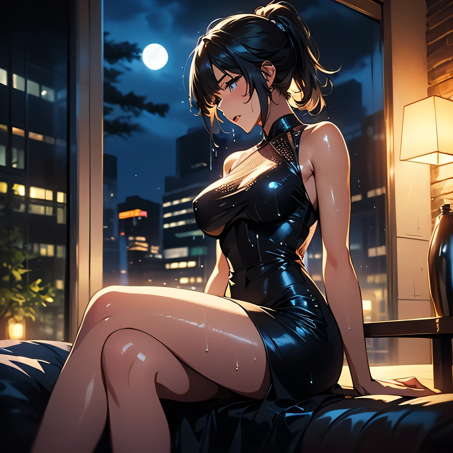 A woman wearing a bathrobe and headphones is sitting on a sofa、A beautiful night view behind、Big Breasts、sexy、Room with a night view、Moonlight、Unbuttoned、Downlight、full moon、Stylish room with fireplace、Black-rimmed glasses
