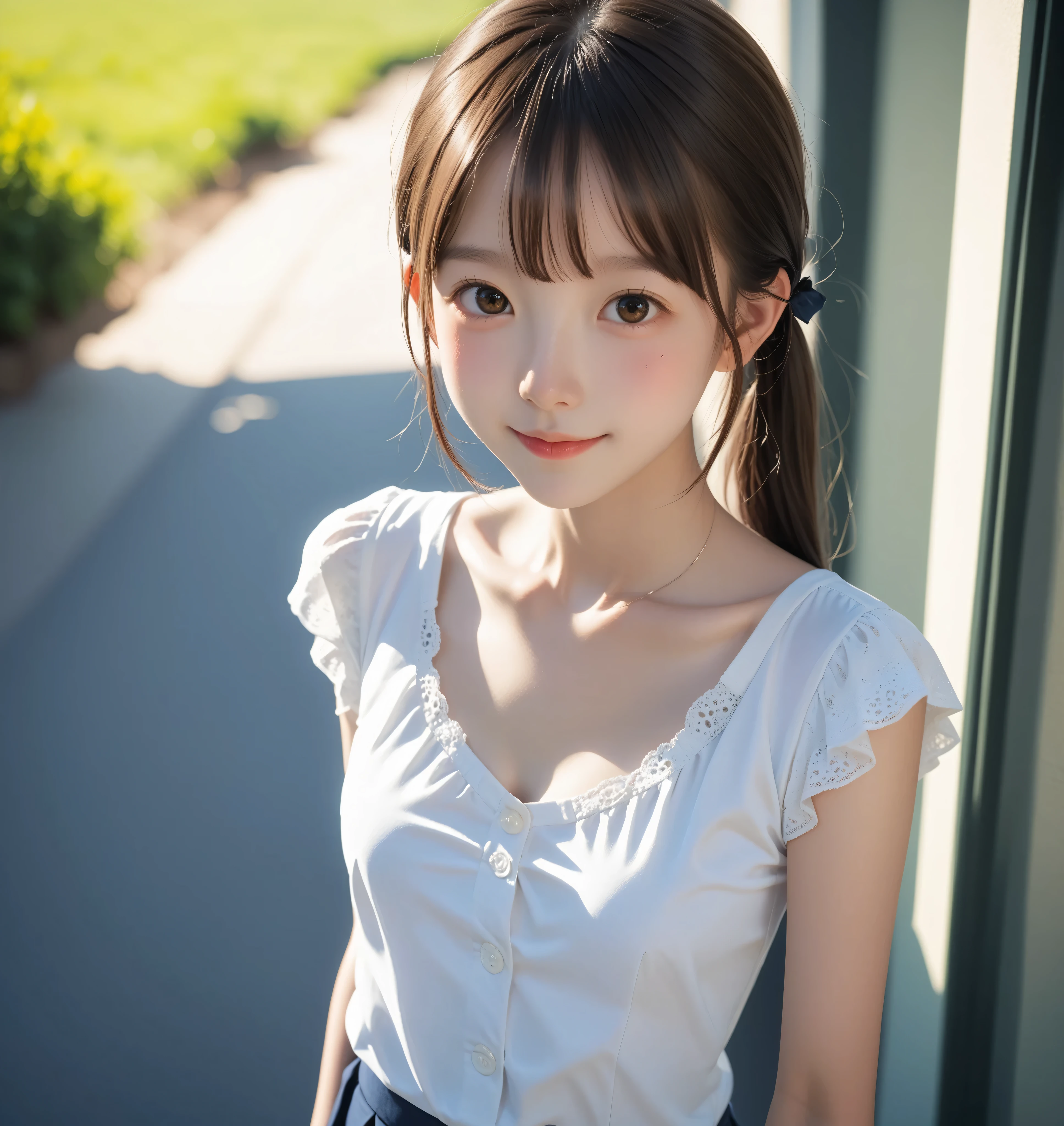 ( white skin:1.3),cute girl,かわいいyounger女の子,Slender,short,Slender,thin body,(younger:1.2),かわいいyounger女の子 opening without permission,cute face,(skinny:1.5),score_7_up,score_8_up,score_9,wearing a dark blue breasted skirt she is on driftwood,realistic,viewed from above,(big breasts:0.2),a girl going to school,Front of school , when viewed from below my small butt,( body:0.7),sunlight,Japanese, the buttons on the white blouse are open,white short sleeve blouse,short髪,(Smile Yang:0.5),   thin shoulders,Thin Arms,Beautiful Japanese junior high school student with shoulder,focusing on the chest
