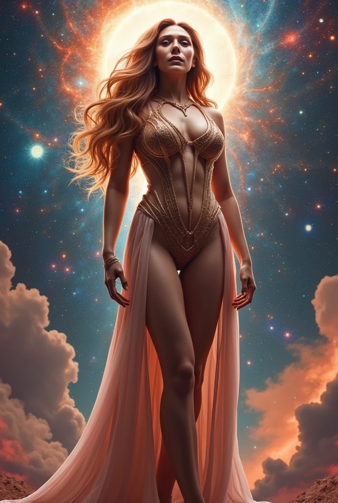 (Highly realistic image), Fantasy scene, Centerpiece, masterpiece, Ultra detailed, High quality, 4k, complex, expert, Center, (volumetric lighting), beautiful, dark masterpiece, (ultra detailed landscape ), (sharp landscape), (sharp image), (dark scene), (dark atmosphere). (1 pretty girl alone), sublime Russian, 15 years old, long and straight hair, (blonde hair:1.5), hair in front of her eyes, (blue eyes), (skinny body), small ass, (big round breasts, huge tits), fine face, innocent face, (seductive smile), luscious red lips, (large gold hoop earrings), she wears a (short tight-fitting silk dress), (transparent red dress:1.5), (bare legs), (bare arms), (bare stomach), (barre breast). (goddess of creation standing in the immensity of the universe surrounded by stars, galaxies, supernovas, magical vortices). (View viewer), (low angle), (cowboy shot), (sensual dynamic pose), (perfect body), (perfect anatomy), (perfect hand),Nice legs and hot body,more detail