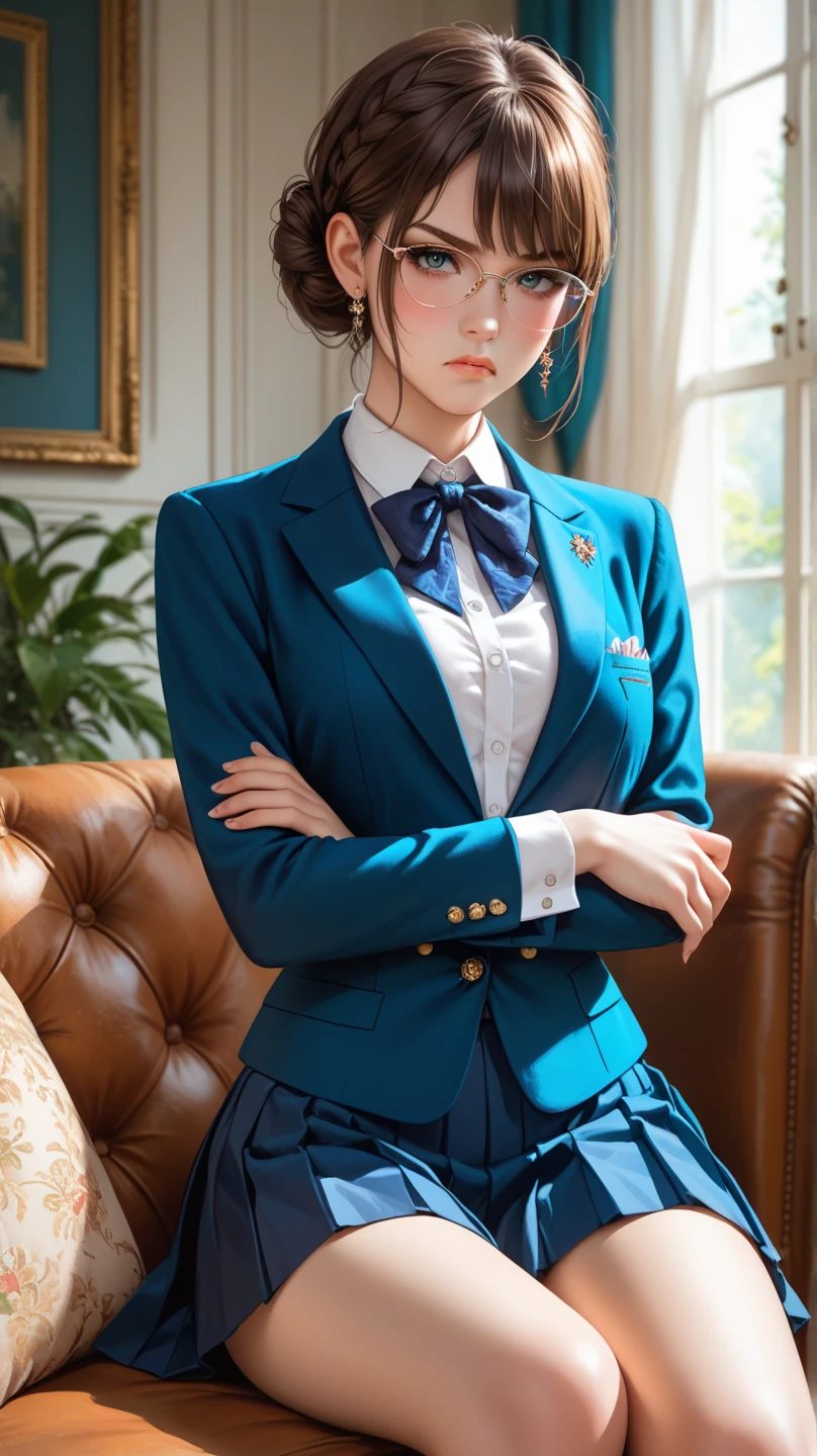 (8K), (Highest quality: 1.2), (Realistic), (Realistic: 1.37), Ultra-high resolution, 1 Girl, cute, Angry face, Mouth closed, Beautiful details, Beautiful Nose,Beautiful Hair,ponytail,Thighs,University Uniforms,A simple dark blue satin blazer,Satin White Blouse,A bow tie,Pleated skirt,School,Cherry tree in full bloom,(The skirt and tie are dark blue tartan check pattern..:1.3),(The check pattern on the skirt is a little thin..:1.2),(Opaque black thigh-high socks:1.4) ,Thighsにクローズアップ,avert your eyes,