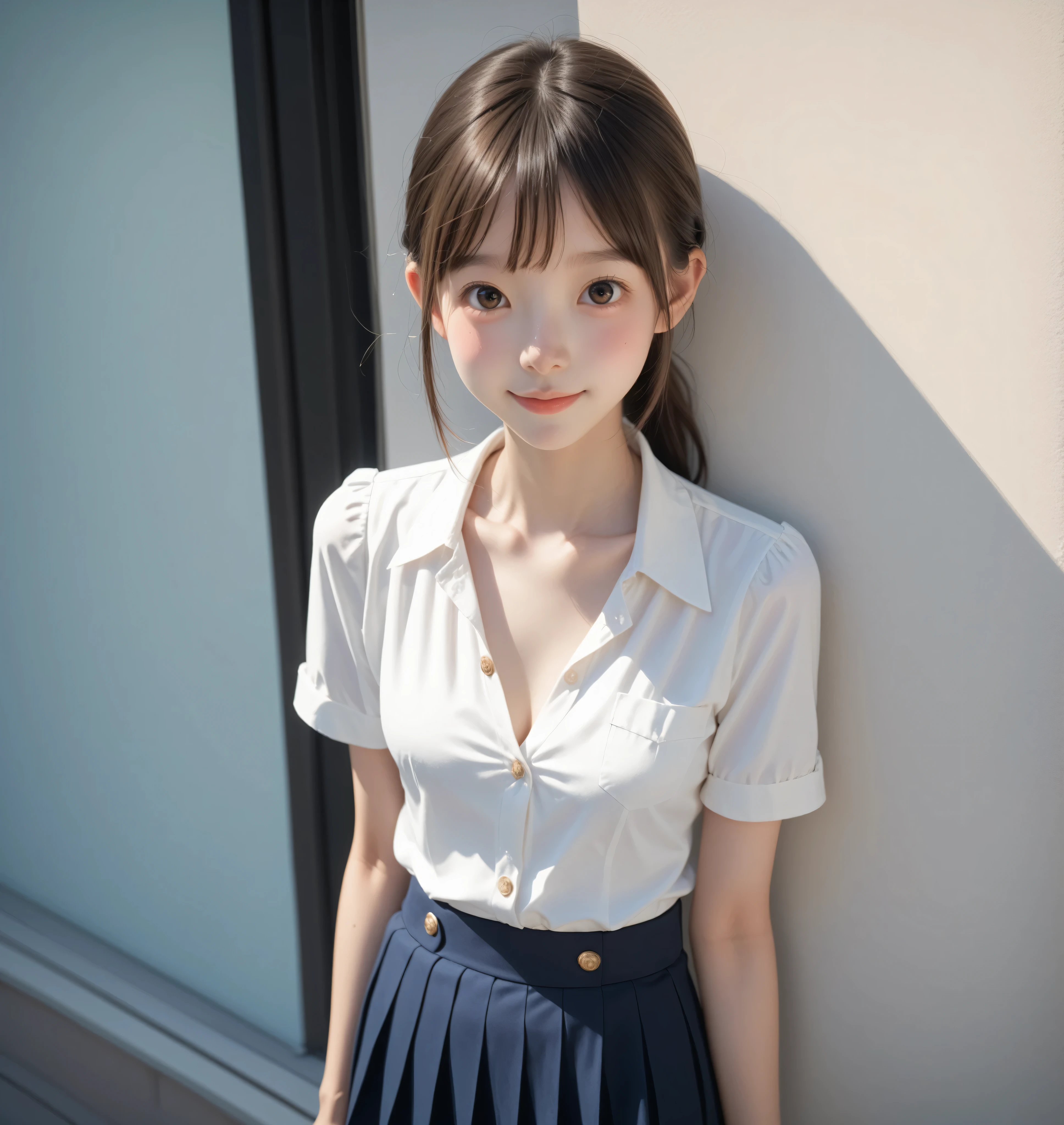 ( white skin:1.3),cute girl,かわいいyounger女の子,Slender,short,Slender,thin body,(younger:1.2),かわいいyounger女の子 opening without permission,cute face,(skinny:1.5),score_7_up,score_8_up,score_9,wearing a dark blue breasted skirt she is on driftwood,realistic,viewed from above,(big breasts:0.2),a girl going to school,Front of school , when viewed from below my small butt,( body:0.7),sunlight,Japanese, the buttons on the white blouse are open,white short sleeve blouse,short髪,(Smile Yang:0.5), thin shoulders,Thin Arms,Beautiful Japanese junior high school student with shoulder,focusing on the chest