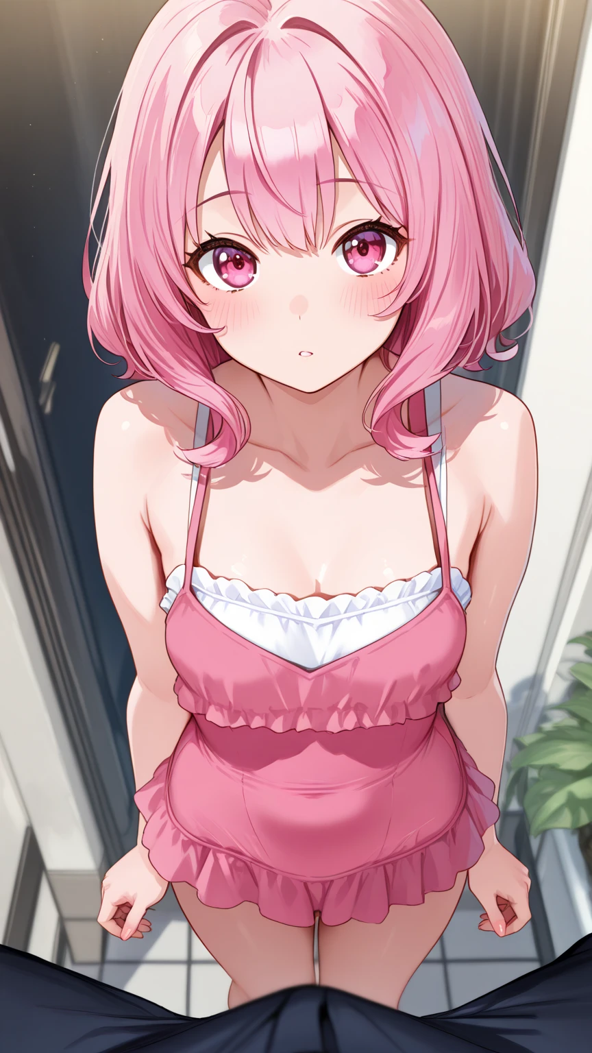 masterpiece, top quality, Very detailed, surprised boy, 100% male physique, Account, two bushy tails, pink hair, hair ornaments, loose hair, Blue eyes, pink ruffle dress, (flat chest:1.4), in room,