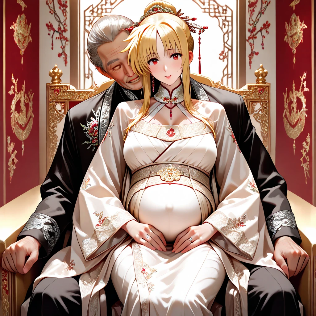 ((Highest quality)), ((masterpiece)), (detailed), (Perfect Face)、The woman is a Vietnamese girl named Tsukino Usagi, wearing a gorgeous, glittering ao dai, a traditional Vietnamese dress with gold embroidery, a gorgeous hair ornament, gorgeous jeweled accessories and an engagement ring. The woman and the man are sitting on a gorgeous, large sofa in a luxurious room, and the woman is being embraced by a dignified, middle-aged Vietnamese man wearing Vietnamese national dress, who is touching her breasts and crotch and kissing her.、The woman is the elegant Tsukino Usagi, a Vietnamese girl with long blonde hair in a chignon twin tail and wearing an ao dai.、the woman is pregnant