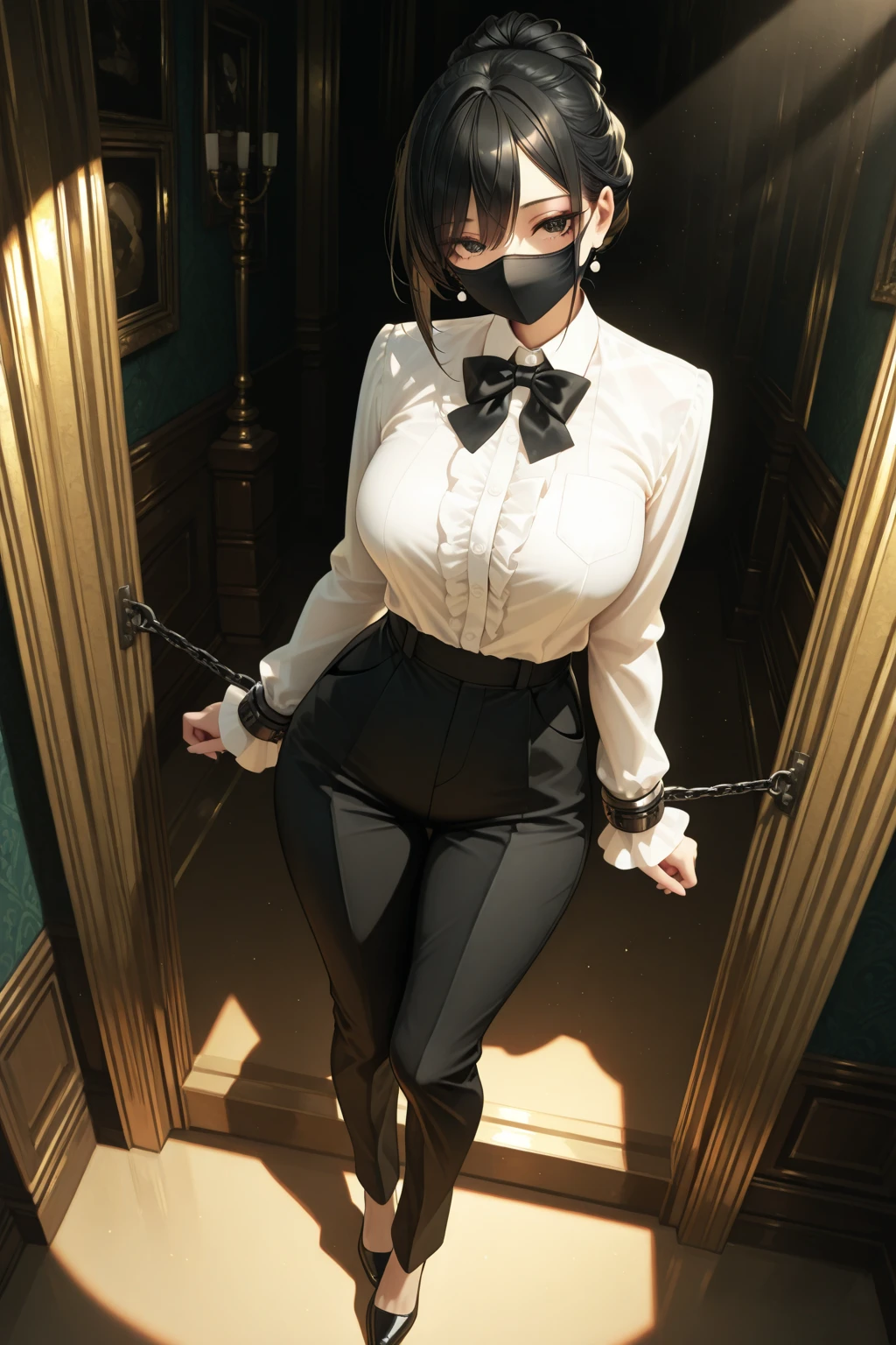 absurdres, 8k, 4k, masterpiece, hyper extreme detailed:1.2), best quality, expressive eyes, highres, perfect eyes, 1girl, perfect face, perfect hands,short Hair, Black hair, large bust, crazy face, crazy eyes, crazy smile, gothic, cross necklace, black catsuit, latex pants, curious, half body, adult, bound, bondage, (arms behind back:1.4), bdsm, tape gag, tape, tape bondage, restrained, tape wrapped, wrap gag, bondage, taped wrists, taped breasts, taped mouth, taped elbows, taped forearms, standing up,