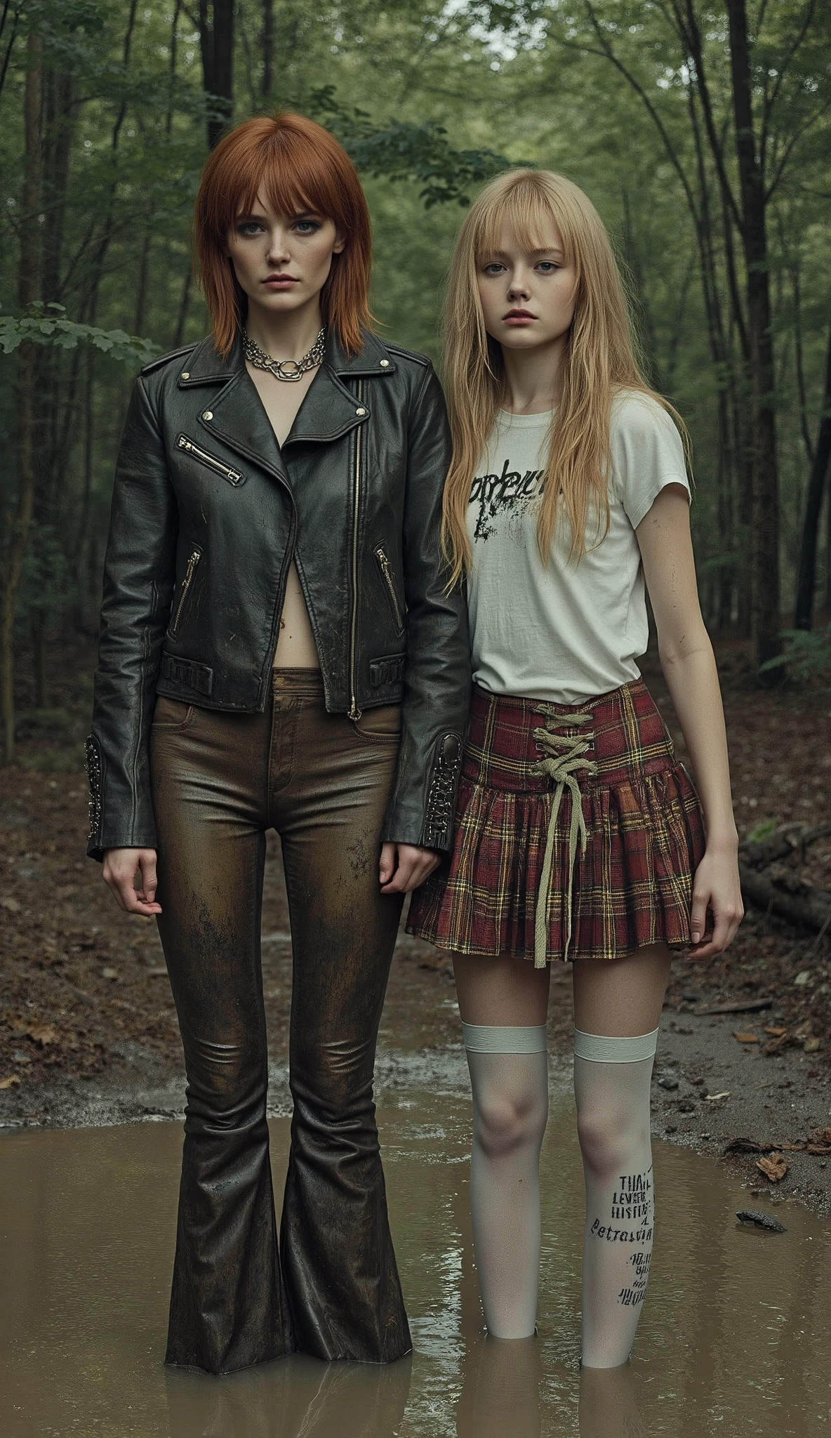 surreal, illustration, (1 woman, mid-aged, 40 years old, with bags under her eyes, copper-brown short haircut, in a faded dirty leather jacket and faded tight flared biker dirty leather pants with laces) and (1 girl, fragile, 20 years old, long blond hair, sports T-shirt, Tartan skirt, detailed stockings with elastic, a gloomy expression of orgasm). drowning in sludge pit against the backdrop of a dense forest. they have light skin, dark orgasm. wet clothes, wet hair.