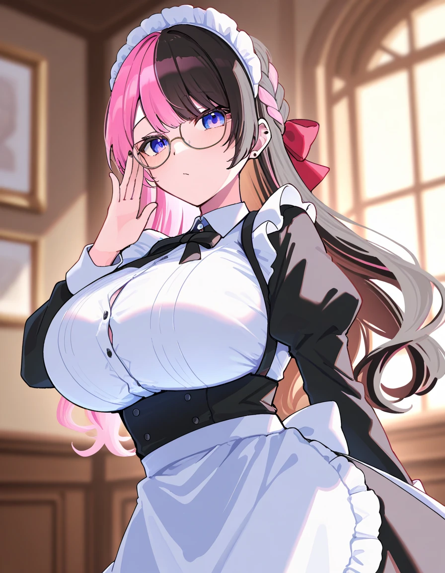 Adult, Female, Mature, older woman, Long pink hair, pink hair, beautiful pink hair, soft pink hair, bangs, perfect purple eyes, perfect purple irises, round glasses, toned figure, milf, big breasts, 36D Breasts, black maid dress, tattered maid uniform, maid clothing, shy body language, dining hall, fancy dining hall, nighttime, dark atmosphere, dark sky, surprised, shocked, shaking, Masterpiece, Accurate, Anatomically Correct, Best Quality, High Details, Detail, Super Detailed, Best detail, Perfect detail, Amazing detail, [-3, 3], amazing eyes, beautiful eyes, Solo, looking at viewer