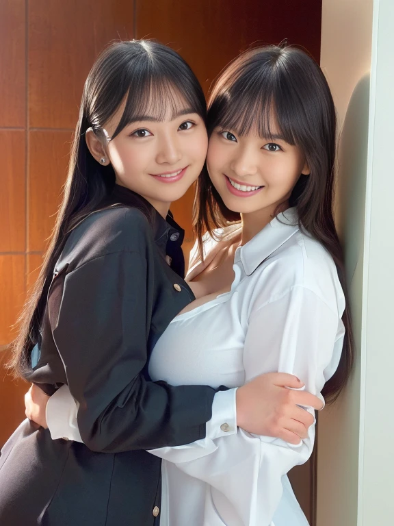 (A selfie photo of two beautiful Japanese office girls), Both looking at the camera, ((Hugging each other)), (in the office), (Both laughing), Highest Resolution, masterpiece, (Both wearing elegant formal white long-sleeve blouse, white-bowtie and lingerie-panties), All wearing earrings