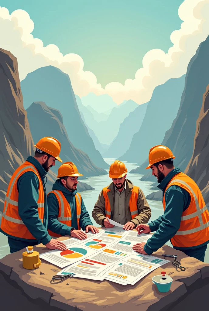 A group of construction workers singing karaoke,Everyone had a microphone in their hands,The background is a port under construction in the desert