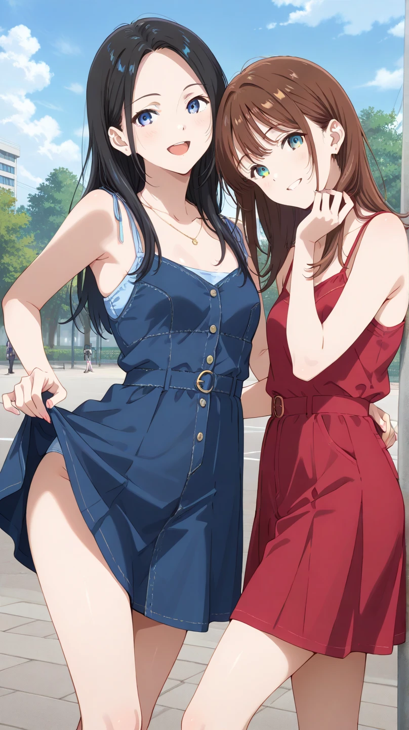 2 women having fun, lascivious:1,2, hentai:1,2, NSFW:1,2, lesbian yuri:1,2, blush, wear regattas and skirts, hot summer day, small breasts, perfect anatomy, one girls is tickling the other, armpit