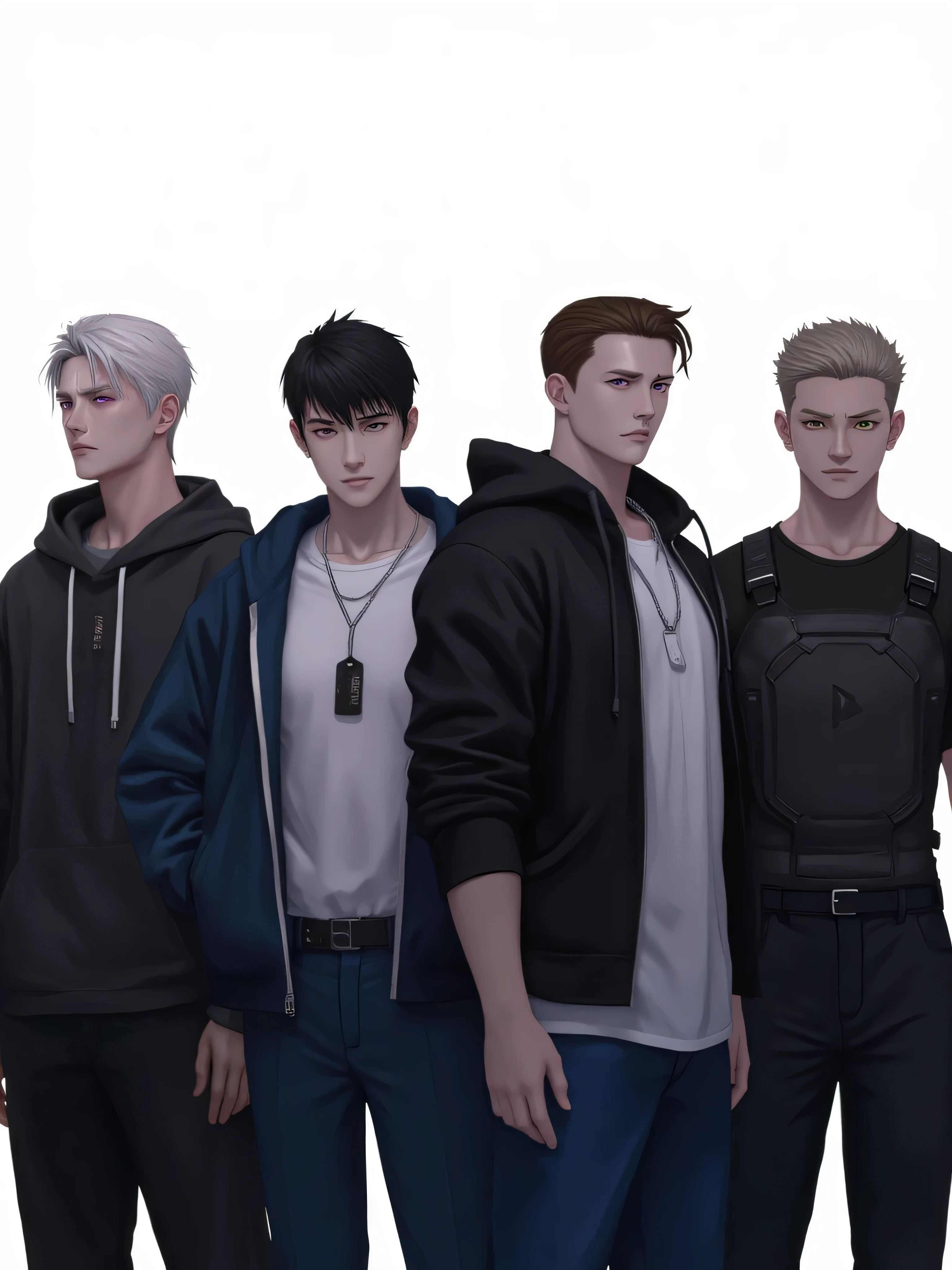 Masterpiece Best Quality (Wallpapers 8K Very High Detail) (best illustration) (The best shadow) Realistic lighting, high resolution, very realistic
Asian male, good-looking, good-looking, standing in a row of 4 people, all looking the same, standing in a row, respectively, 1 , 2 , 3 ,and 4 from left to white by
The first man was a 25-year-old Asian man of good looks, smooth face, moody, handsome, bright purple eyes, white hair with Comma hair, wearing a Vanta, wearing a military tag necklace, wearing a black hoodie and a white tight sports undershirt, wearing black military tactical pants.
The second man was a 25-year-old Asian man with good looks, serious face color, good figure, red eyes, black hair, quiff hair, wearing a military tag necklace, wearing a black shirt and wearing blue men's slacks.
The third man was a 25-year-old Asian male, good-looking, blank face, unemotional, handsome, bright blue eyes, white hair, Two Block hair wearing a military tag necklace, wearing a black suit and wearing black men's slacks.
The fourth was a 25-year-old Asian man, with a handsome, angry and ferocious face like a wild animal, an athletic figure, yellow eyes as bright as the glint of a tiger, slicked back hair, brown hair, wearing a military tag necklace, wearing a black short-sleeved sports shirt, wearing an MMA boxing vest, and Wear black military tactical pants