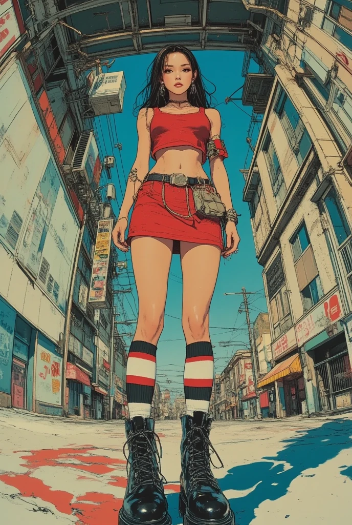 Masterpiece , best quality , Masterpiece , best quality , 1 woman , red eyes , wavy brown hair , sly face , smile , black t-shirt , pink bikini , abdomen , big breasts , Long legs , Barefoot , hands on hips , Stand perfectly straight. , abandoned factory
