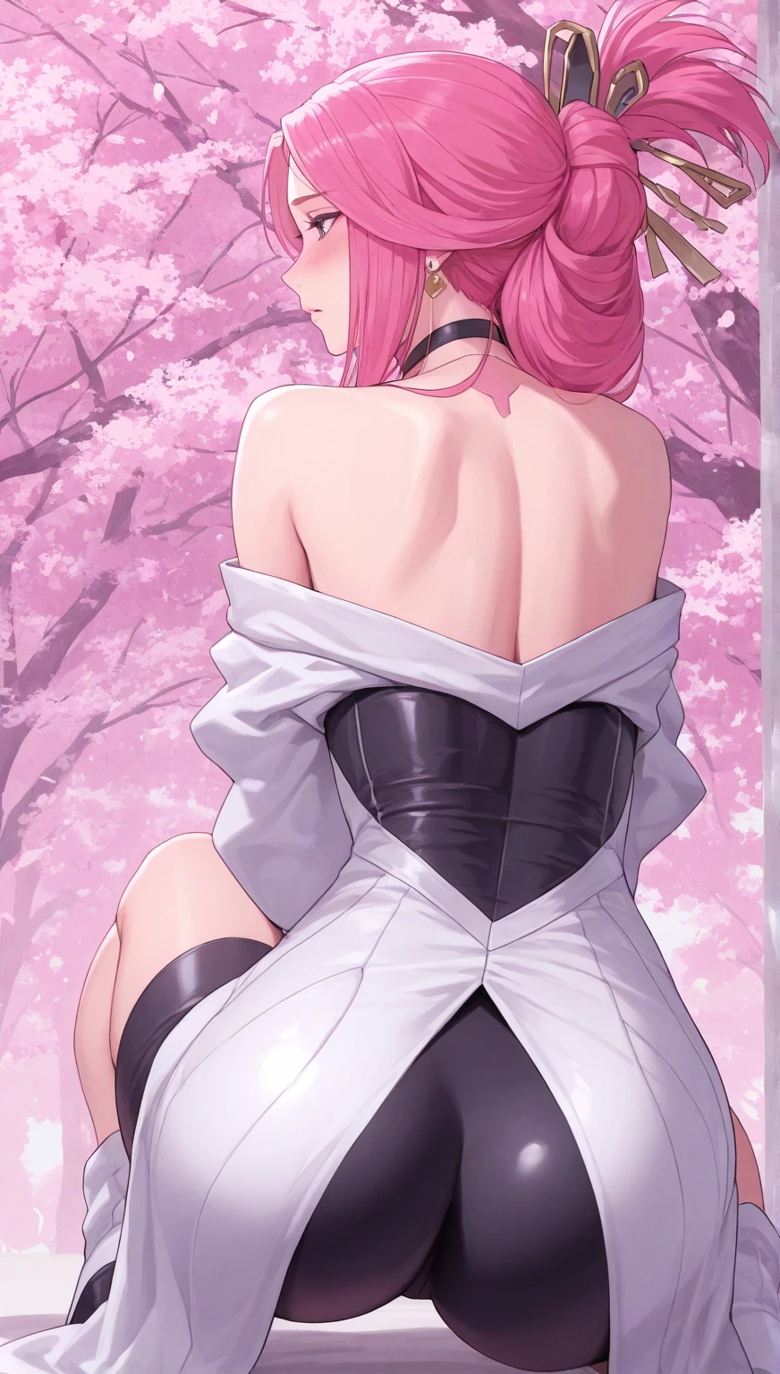 masterpiece, ultra detailed, middle age woman, bare_arms, blue_eyes, megurine_luka, pink_hair, breasts, dress, (very_long_hair:1.5), silky hair, (voluminous hair), (high ponytail:1.5), (from behind), (looking at the viewer:1.5), realistic, solo, strap_slip, traditional_media, white_dress, white gloves, indoor background, studio room,