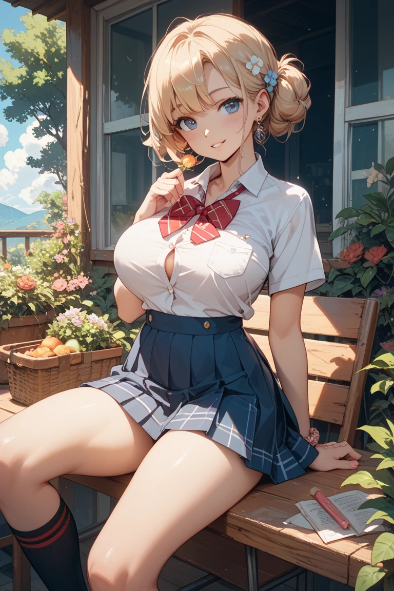 ((Whole body)),(masterpiece, Best Quality), 1 18 year old anime girl in scout clothes, neckline, mini skirt, big breasts about to eat a banana in a park landscape, ((view from above))