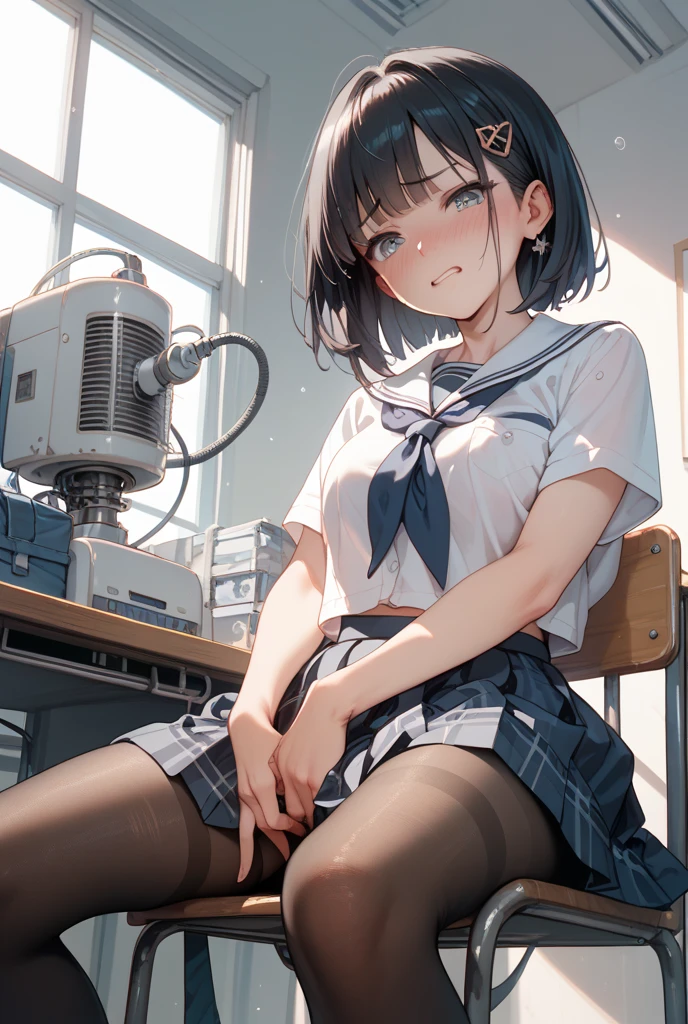 One woman(10 years old)、smile、Long, blue hair、Thin glasses、White clothes、See-through shirt、ribbon、Short pleated skirt、Pink underwear、loose socks、Inside a skyscraper office at night、Spread your legs