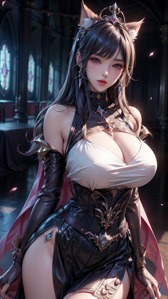 beautiful detailed background, octane render, 8k, best quality, masterpiece, illustration, extremely delicate and beautiful, detailed,extremely detailed,CG,unity,wallpaper,Amazing, fine detail, realistic art: 1.2 ,masterpiece, best quality, official art, extremely detailed CG unity 8k wallpaper,1girl, (((long black straight hair,))), dark knight,red eyes,beautiful face, upper body,(black Armor and red robe,) looking at view realistic photo,Evil laugh, (hiqcgbody) ,perfect female figure,earring,narrow waist, (looking at view), alluring,prestige,(fire,indoor,ruins), alien ,Robot girl, alien technology