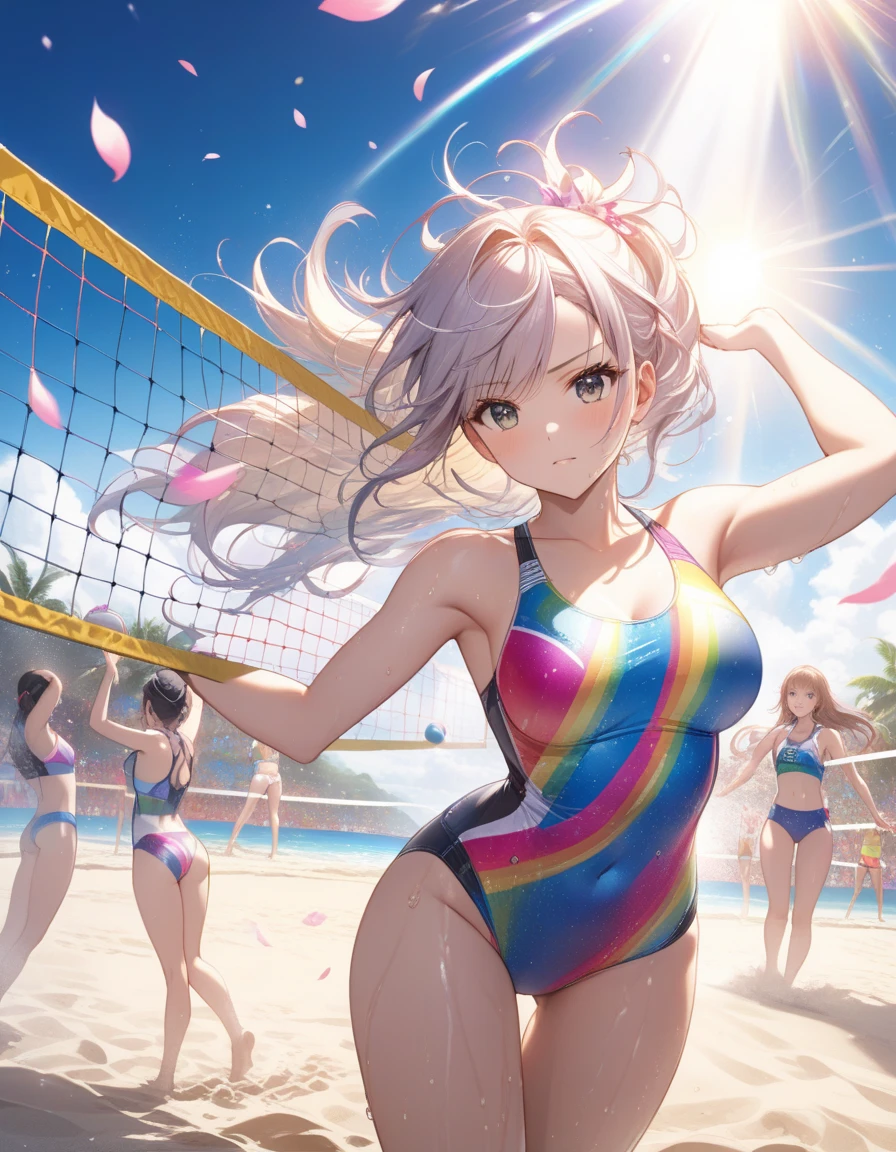 Highest quality, Highest quality, 16K, Unbelievably absurd, Very detailed, delicate and dynamic, Natural light, The particles reflect the rainbow colors, Diffuse reflection of light, Many rainbow-colored petals fall, 美しいSandy Beach, Sparkling sea surface, 海面にDiffuse reflection of light, Create amazing image effects, , (, Cute sexy girl, A large, swaying bust, Sensual expression, Passionate, dynamic, enthusiasm, Severe, Beach Volleyball, Flashy swimsuit, Sweat, Sandy Beach, Swimwear is see-through)