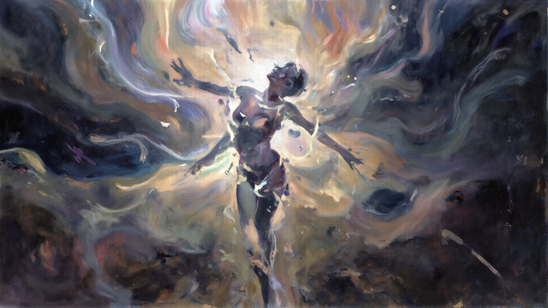 orgasm, magic, (simple oil painting in a style to Bill Sienkiewicz)