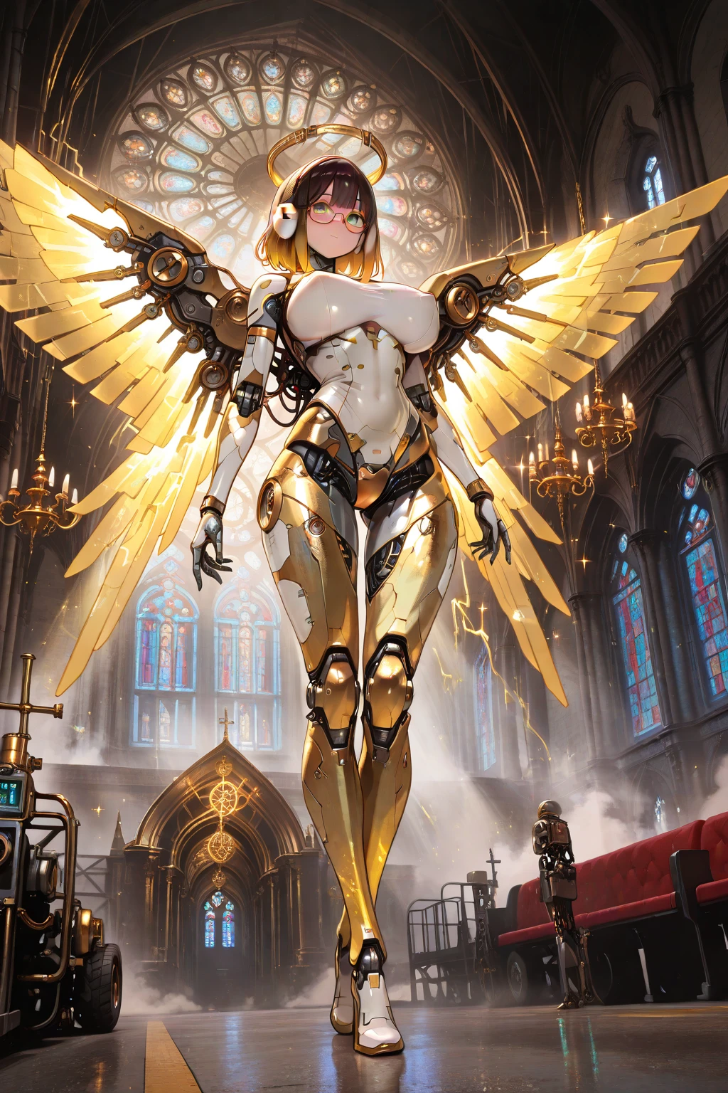 (​masterpiece), (top-quality), (top-quality), ​masterpiece, (High Definition CG Illustration), ((extremely delicate and beautiful)), (Since a while ago), Cinematic Light, Grotesque Machine Girl, super realistic details, portlate, globalillumination, ultra-sharp, Convoluted, ornaments detailed, cold color, metals, highly intricate detail, Realistic light, radiant eyes, neon details, Mechanical limbs, blood vessels connected to tubes, Pipe connected to the crotch, Mechanical vertebrae attached to the back, mechanical cervial attaching to the neck, sitting on, Wires and cables connecting to the head, Smaller breasts, Small-eyed buttocks, ((lamentation)), ((Angel wings)), Emphasis on mechanical skeleton, (((Emphasis on mechanical interiors))), (Put a little emphasis on mechanical bones) ,teats, No pubic hair, (((realisitic))). Interior of the Church Cathedral at night lit by candles, Tears of blood, Soft breasts and buttocks and face
