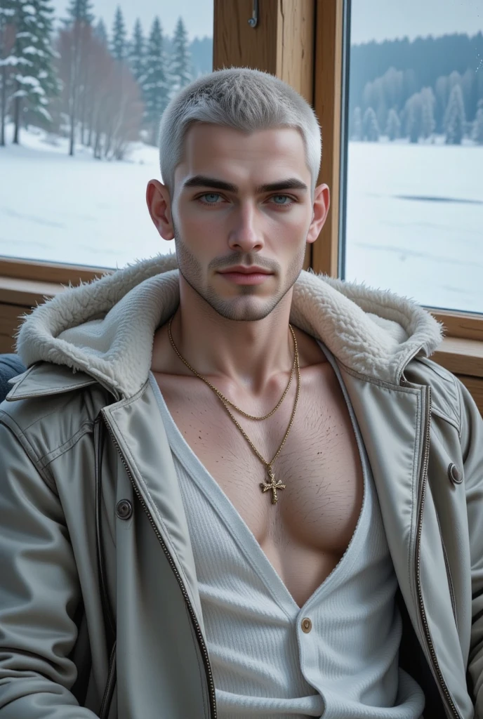 Jack Frost, thin nose, thin lips, blue eyes, white hair,  jock putfit, young very handsome face, best quality,masterpiece,Ultra high detail,A handsome hunky muscular man, completely , topless, white micro thong, with white cloth, white transparent mesh cloth.  , realistic,winter as  background,