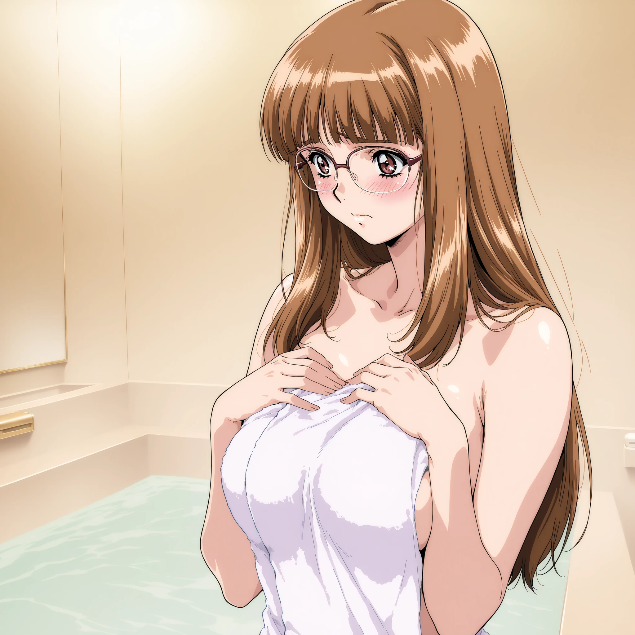 (((solo))),general,highres, ultra-detailed,very aesthetic,best quality ,best hands,beautiful fingers,BREAK
Iijima_Sensei, 1girl,solo, brown hair, glasses, long hair, brown eyes,blunt bangs,breasts,hotel bath rooms,bathing,nude towel,embarrassed,(((solo))),