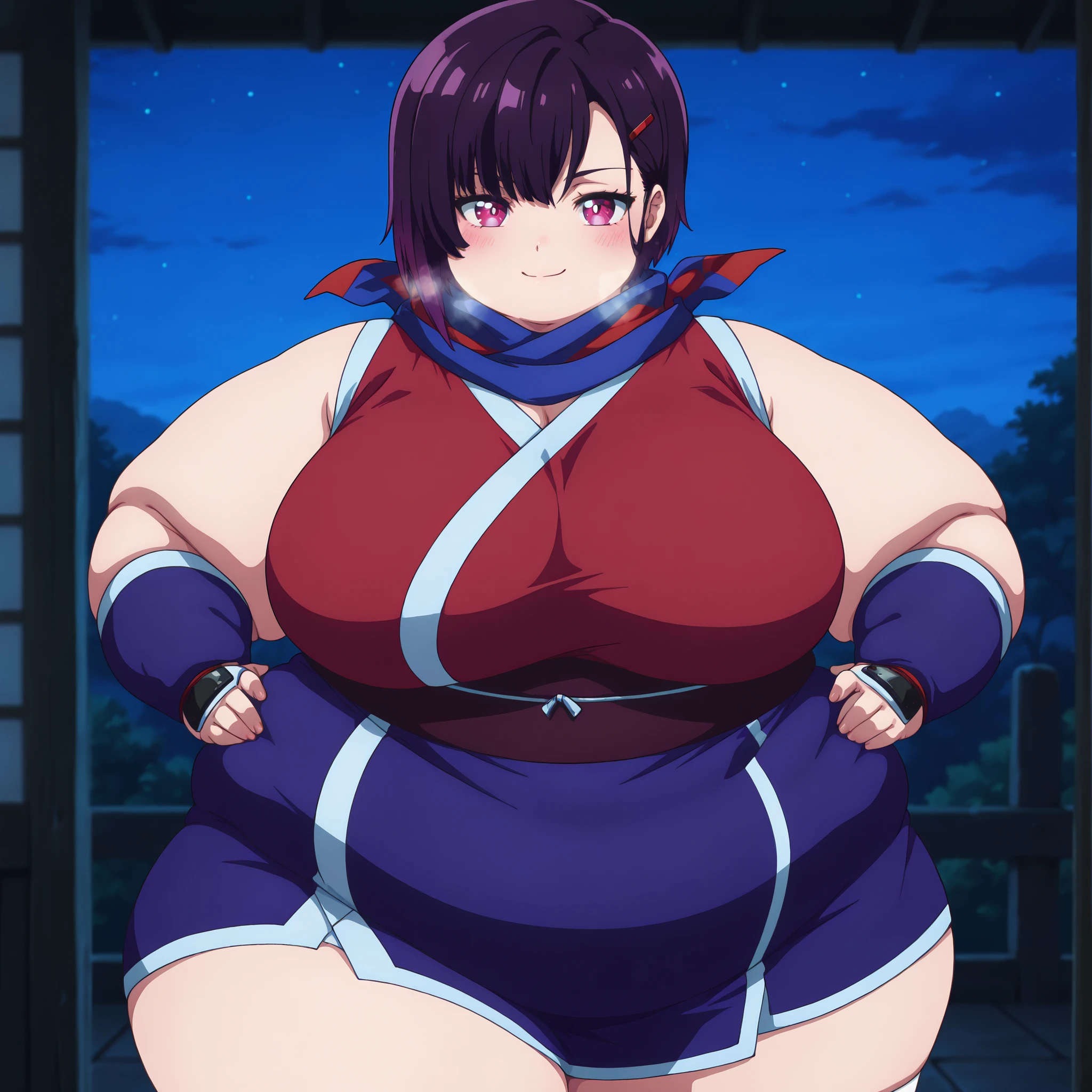 anime screencap, masterpiece, best quality,

1girl, solo, closed mouth, smile, blush, naughty
asymmetrical bangs, short hair, purple hair, multicolored eyes, white pupils, hairclip,
 Ninja clothes , huge breast, 乳房漏奶, legs black stocking,,pose, 
looking at viewer,
Night, bedroom fat, chubby, obese, gigantic arms and legs, large breasts open mouth, out of breath