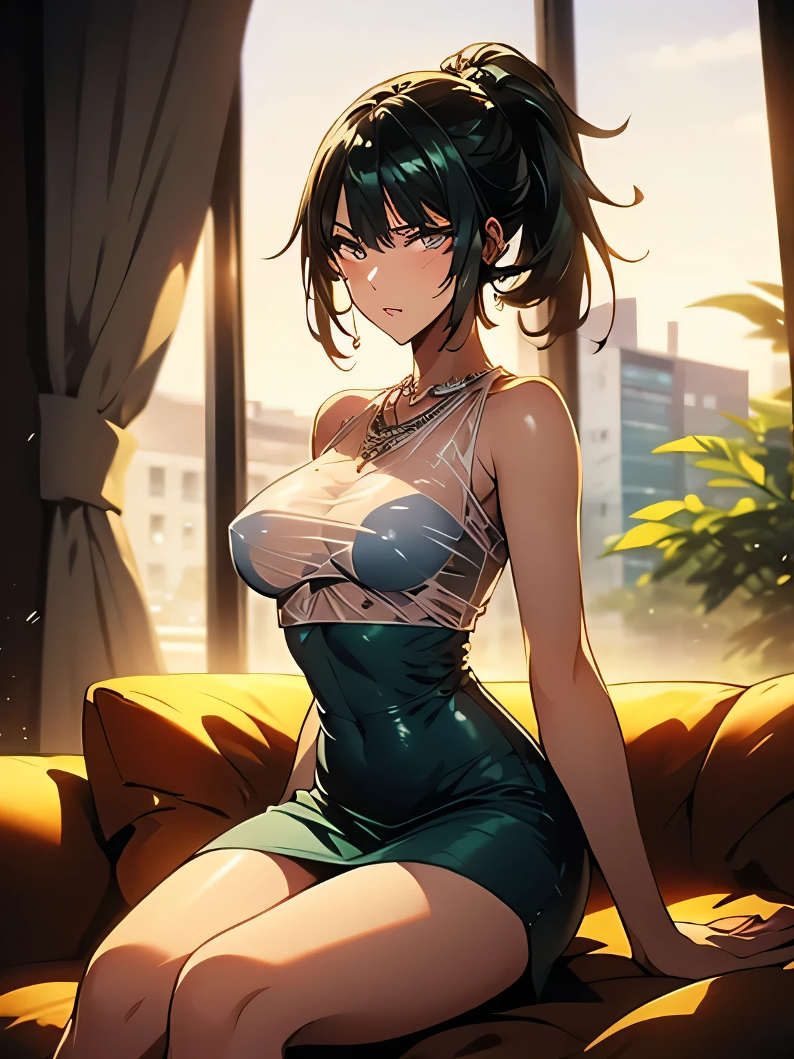 (masterpiece, best quality), intricate details, 1girl, fubuki, green croptop, love hotel, seductive smile, cleavage, sweaty,