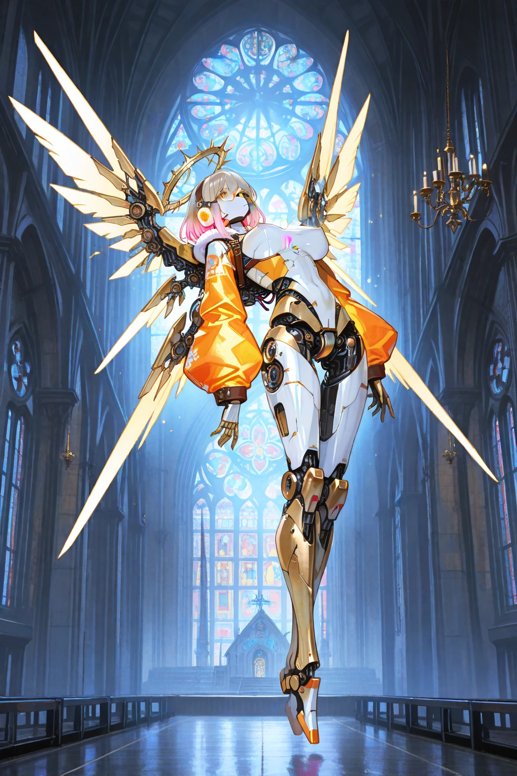 (masterpiece), (top-quality), (top-quality), masterpiece, (High Definition CG Illustration), ((extremely delicate and beautiful)), (Since a while ago), Cinematic Light, Grotesque Machine Girl, super realistic details, portlate, globalillumination, ultra-sharp, Convoluted, ornaments detailed, cold color, metals, highly intricate detail, Realistic light, radiant eyes, neon details, Mechanical limbs, blood vessels connected to tubes, Pipe connected to the crotch, Mechanical vertebrae attached to the back, mechanical cervial attaching to the neck, sitting on, Wires and cables connecting to the head, Smaller breasts, Small-eyed buttocks, ((lamentation)), ((Angel wings)), Emphasis on mechanical skeleton, (((Emphasis on mechanical interiors))), (Put a little emphasis on mechanical bones) ,teats, No pubic hair, (((realisitic))). Interior of the cathedral of the church at night lit with candles