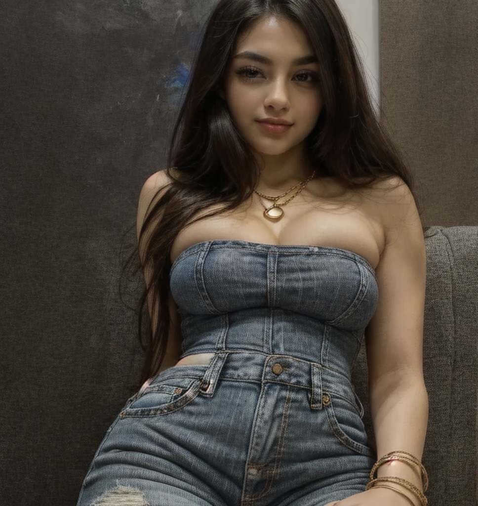 (((Tiffany Chase))), ((20 years old)), very long wavy black hair, Huge Hoop Earrings, wearing tight white low rise jeans with(((wide belt made from Bullets))), (((Bandolier of bullets))), Tank top with open leather jacket, tall black boots, sitting slumped down in a chair ((shot from below)), (((Legs spread))), super detailed jeans, strong thick thighs, (head turned to side in profile), eyes closed, Mouth Open, sleeping, unconscious, fainted, 8k ultra high resolution, ultra realistic, photo quality, perfect features, extra sharp focus,