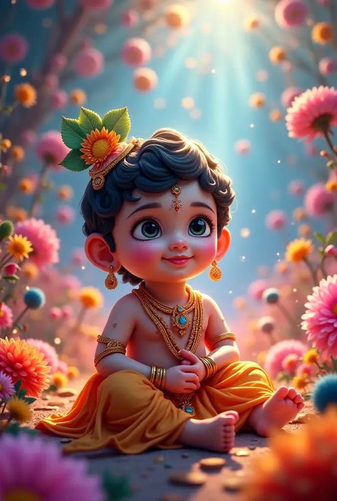 A highly detailed, realistic 3D render of Shree Krishna, the Hindu deity, standing in a lush green meadow surrounded by blooming flowers, beautiful detailed eyes, beautiful detailed lips, extremely detailed face and body, intricate jewelry and ornaments, warm golden lighting, cinematic camera angle, vibrant colors, photorealistic, masterpiece