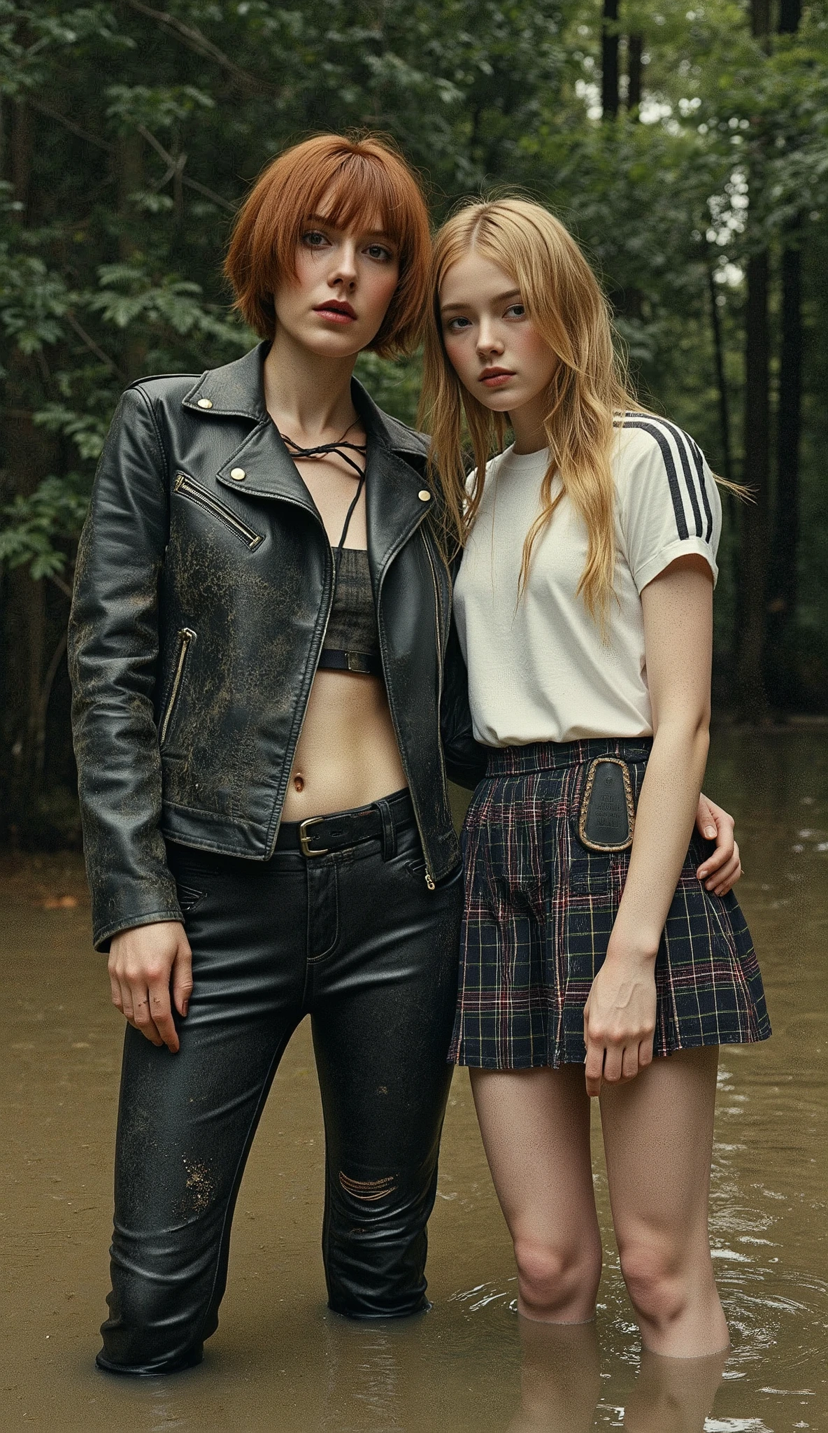 masterpiece, surreal, illustration, (1 woman, mid-aged, 40 years old, with bags under her eyes, copper-brown short haircut, in a faded leather jacket with laces and faded tight flared biker leather pants with laces) and (1 girl, fragile, 20 years old, long blond hair, sports T-shirt, Tartan skirt, detailed stockings with elastic, a gloomy expression of orgasm). drowning in sludge against the backdrop of a dense forest. they have light skin, dark orgasm. wet clothes, wet hair.