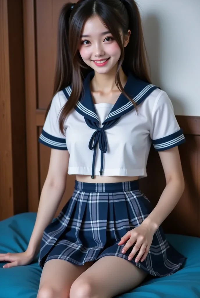 ​highest quality、table top、8k、best image quality、Award-winning work)、one beautiful woman、radiant beautiful skin , masterpiece、top-quality、The ultra -The high-definition、depth of fields、lens flare 1 girl、brown hair, watching at viewers glares, large breasts ( high heels), perfect legs, model pose, smiling , sailor senshi uniform, (blue  skirt:1.4), tiara, (blue sailor collar:1.4), blue bow, blue choker
