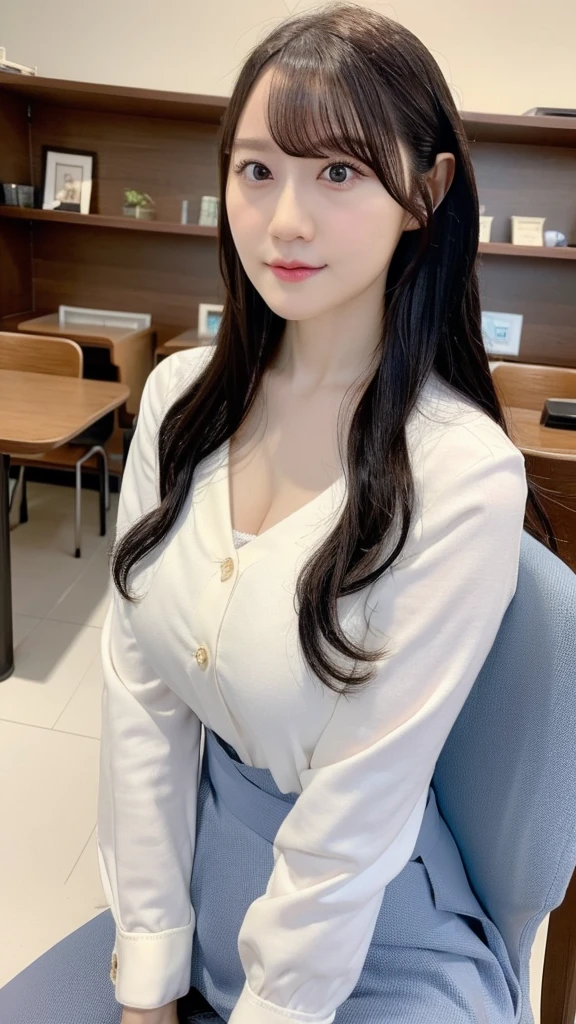 masterpiece, highest quality, 8k, 20th generation, Big Breasts, cute, alone, sad, cute, Girlish,cute 繊細な女の子, cute、Pure beauty,  RAW Photos, Professional photography, Portraiture, Soft Light, Professional Lighting, Backlight, Upper Body, avert your eyes, Sophisticated, Film Grain, (Eye and facial details:1.0), Floating Hair, beautiful, Flowing hair, Asymmetrical bangs、(Big Breasts:1.4)、Loose white blouse、Grayish color cardigan、You can see a little bit of her chest、Micro Mini Skirt、Voluptuous thighs、dolly make、Heterochromia iridis、Office at night、In front of the computer、sitting in an office chair、